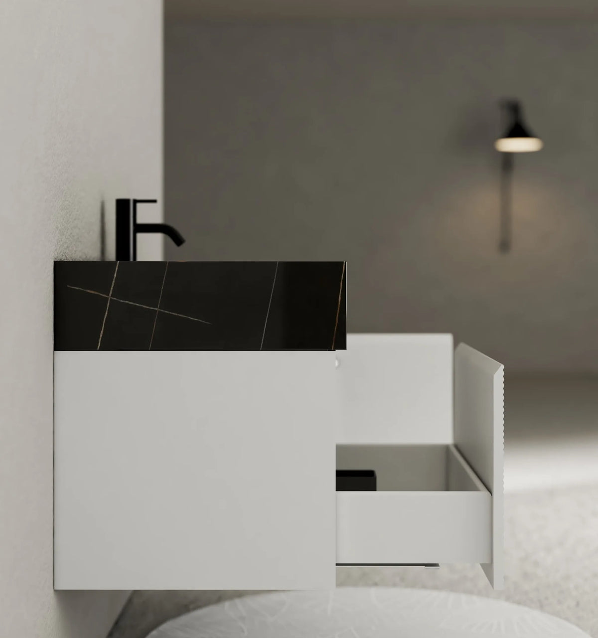 Aventino 40-inch Black Marquina fluted floating single-sink vanity — sintered stone top