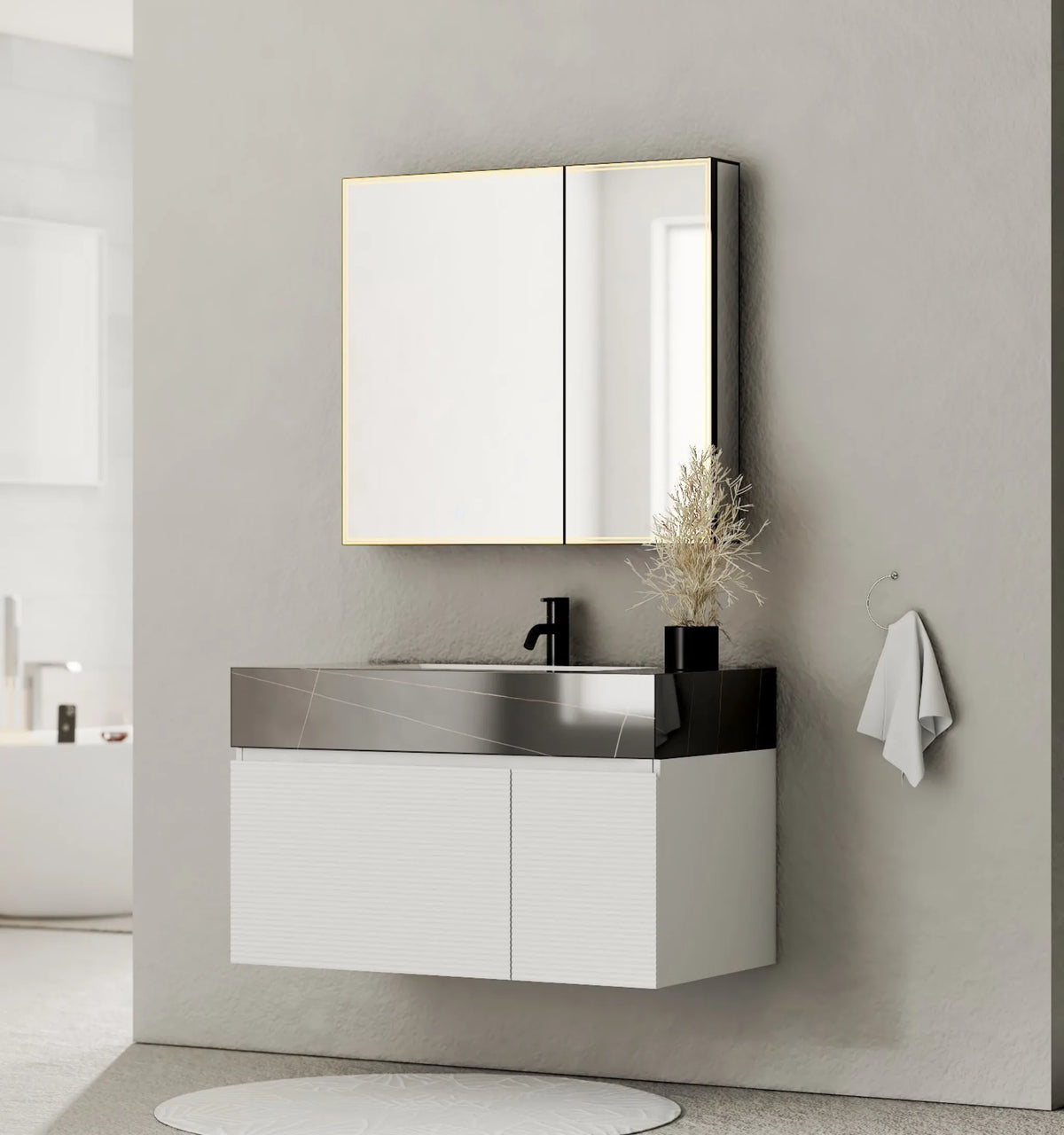 Aventino 40-inch Black Marquina fluted floating single-sink vanity — sintered stone top