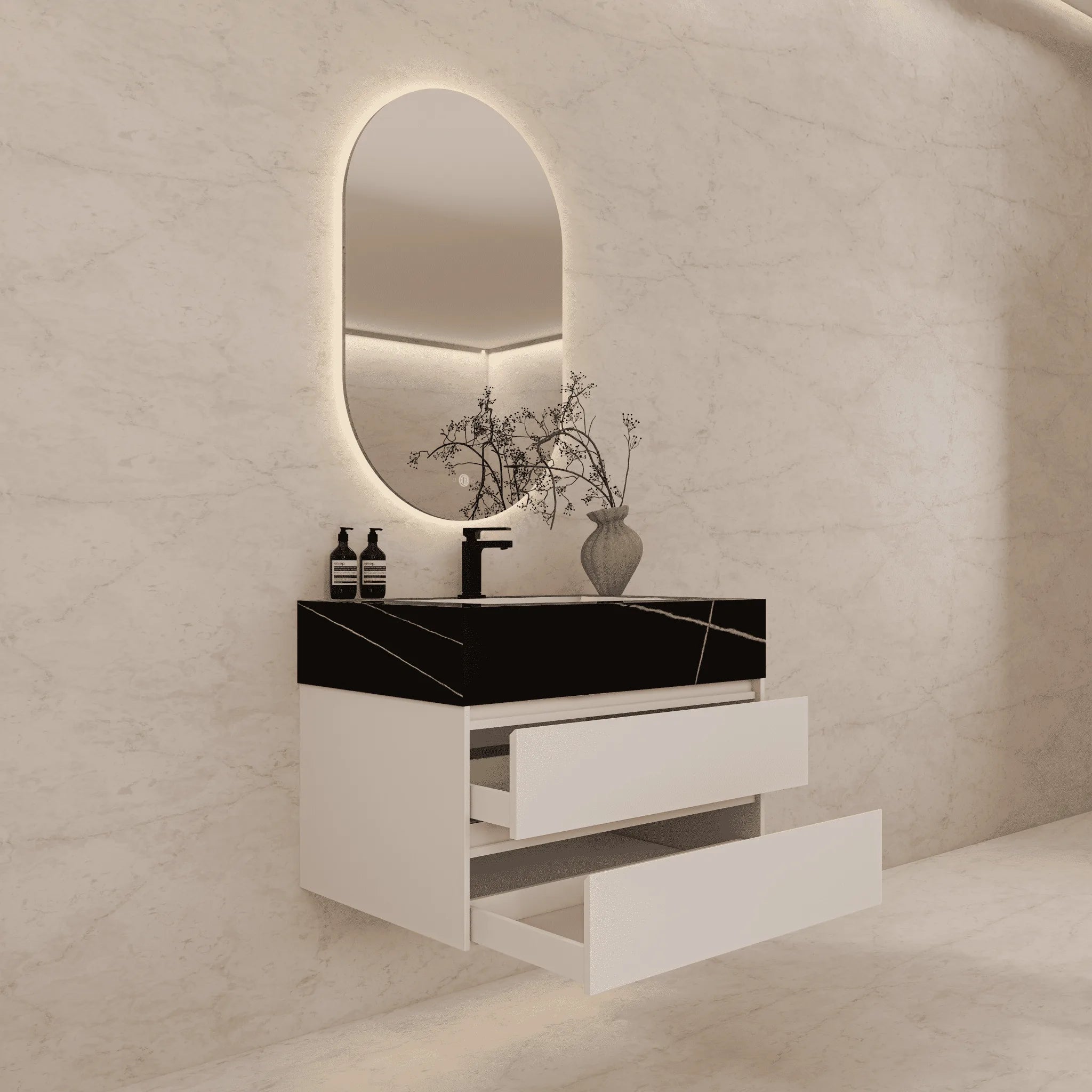 Aventino 32"–40" Nature Oak Floating Single-Sink Vanity with Sintered Stone Top