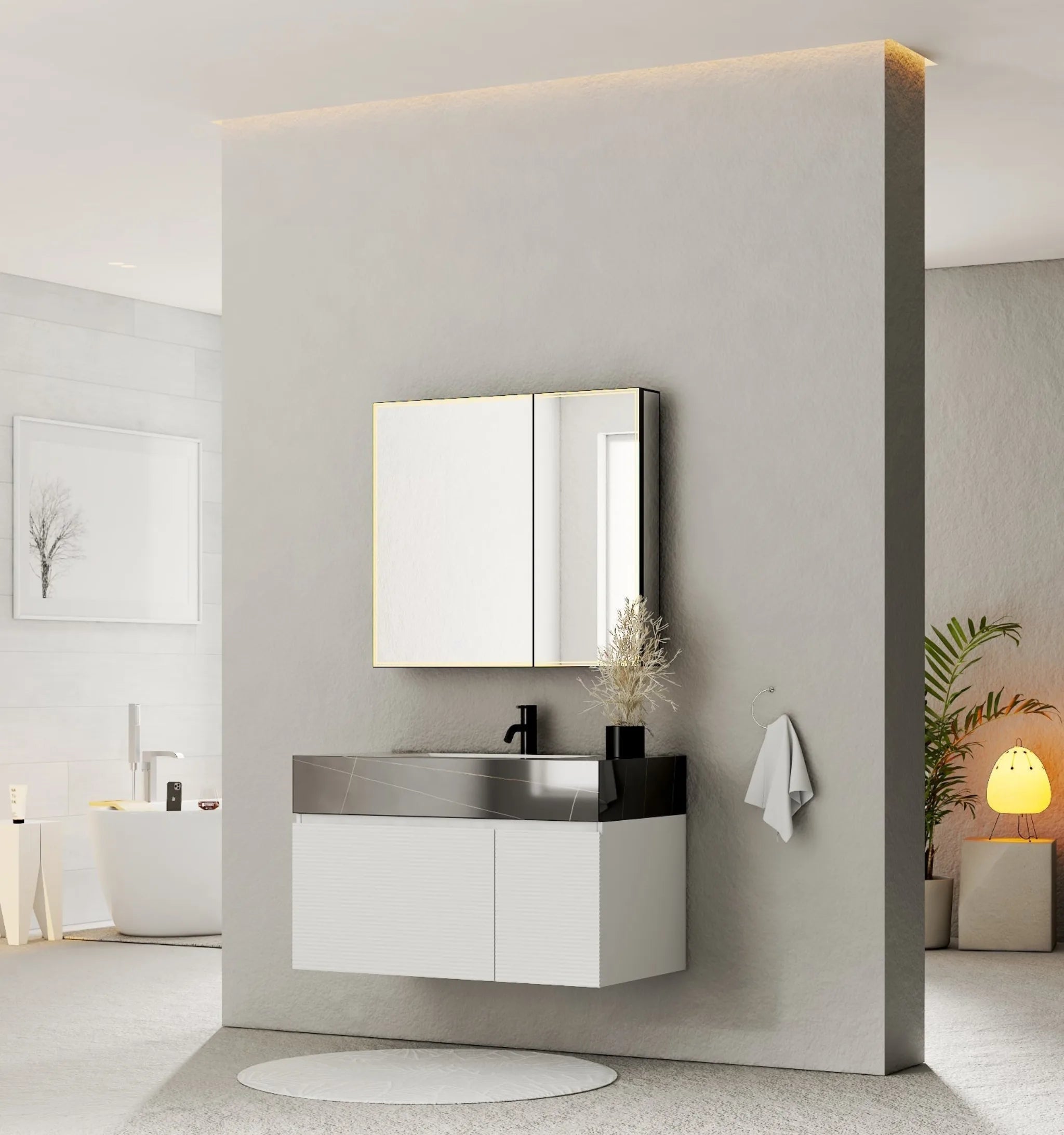 Aventino 40" White Fluted Floating Single-Sink Vanity with Sintered Stone Top