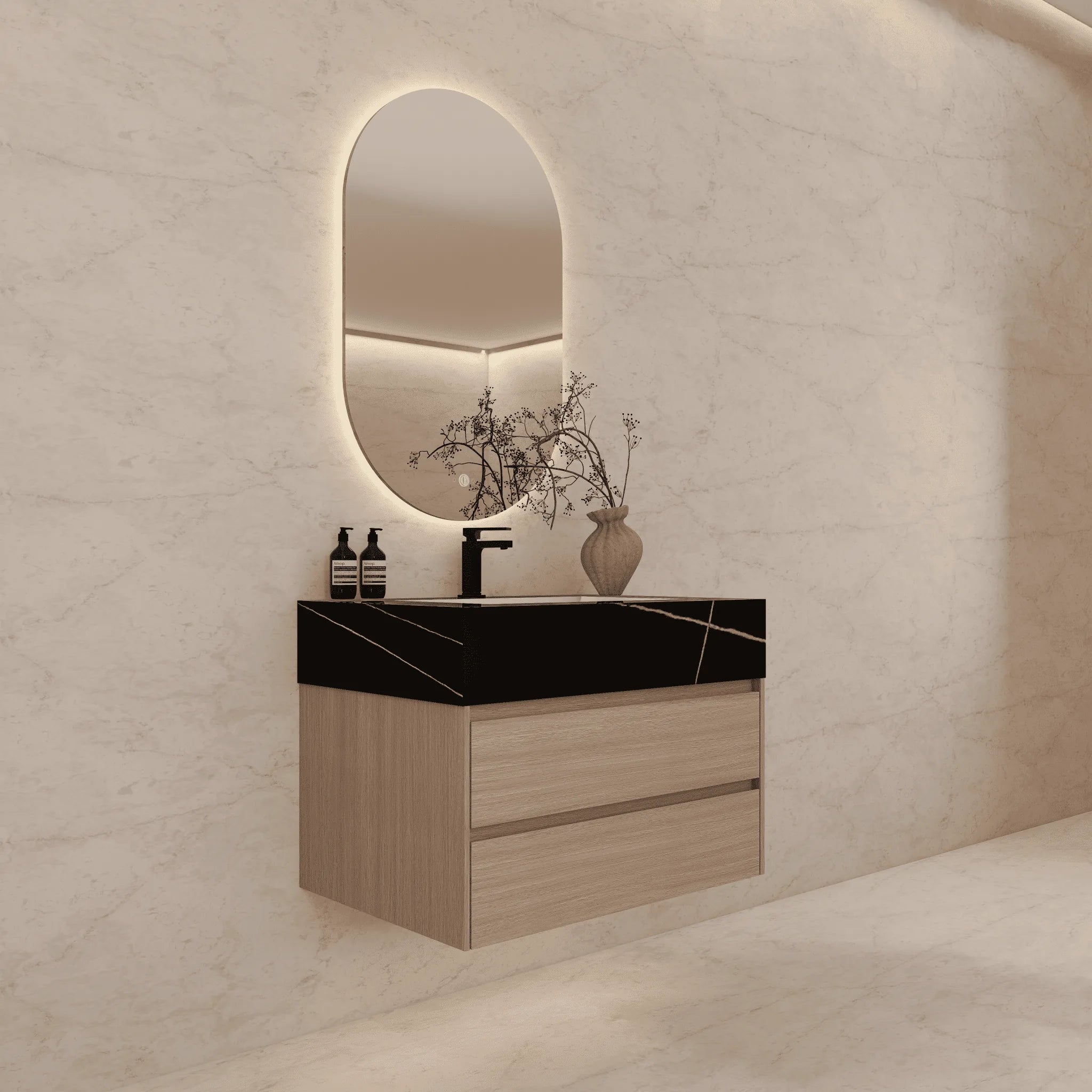 Aventino 32"–40" Nature Oak Floating Single-Sink Vanity with Sintered Stone Top