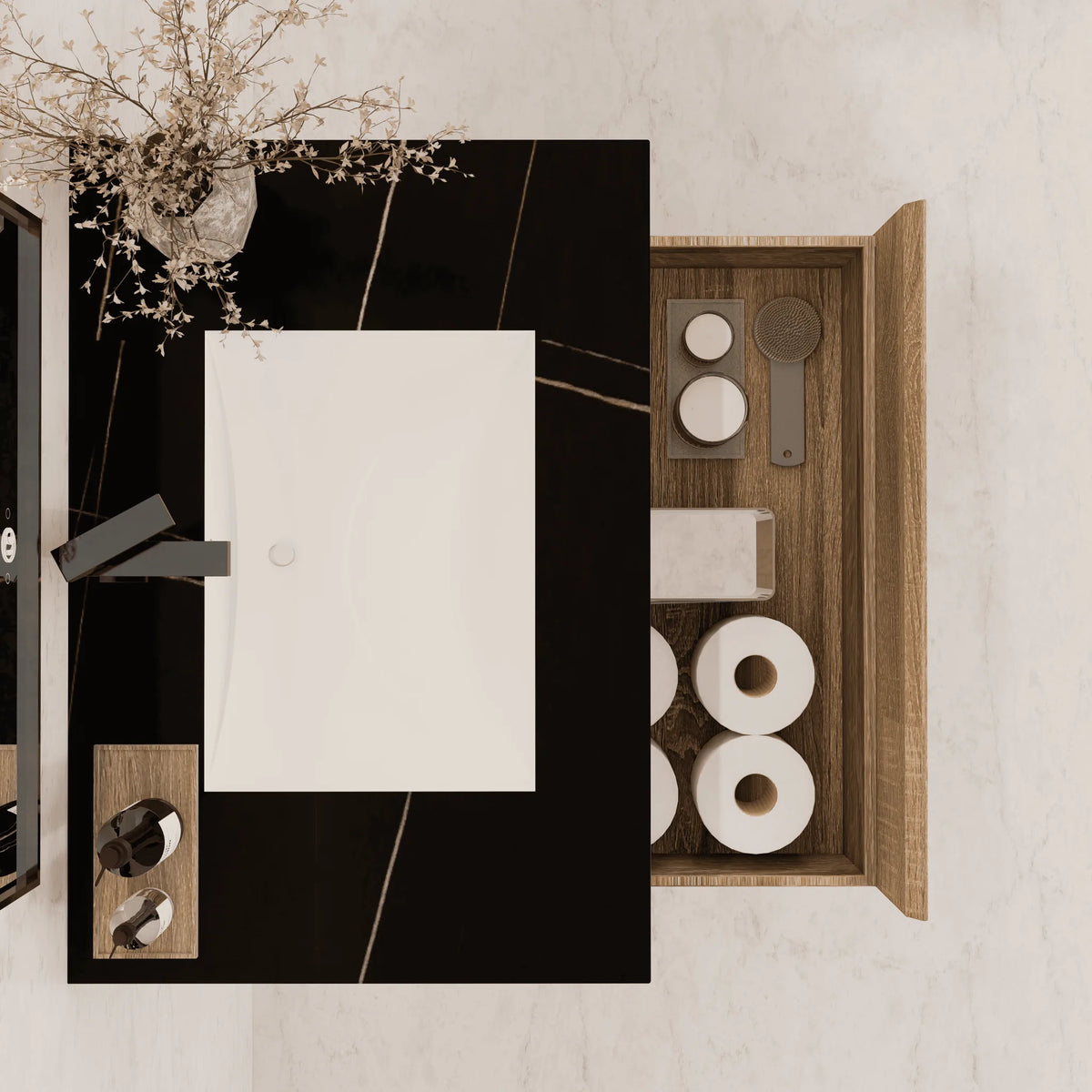 Aventino 40-inch Black Marquina modern floating single-sink vanity — sintered stone top