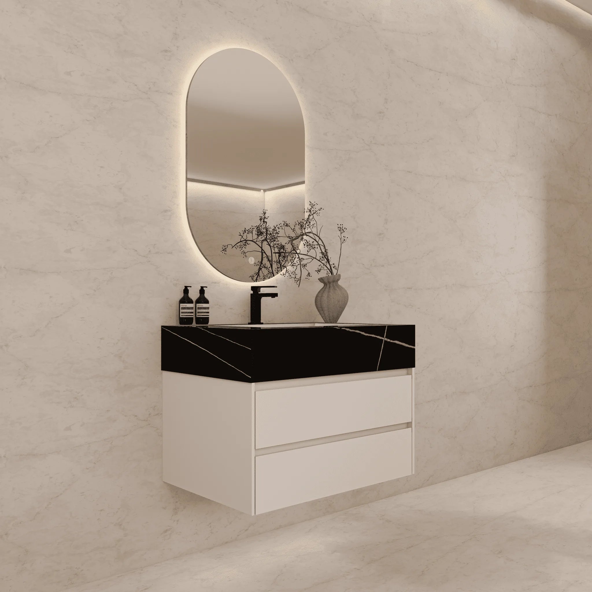 Aventino 32"–40" Smoked Oak Floating Single-Sink Vanity with Sintered Stone Top