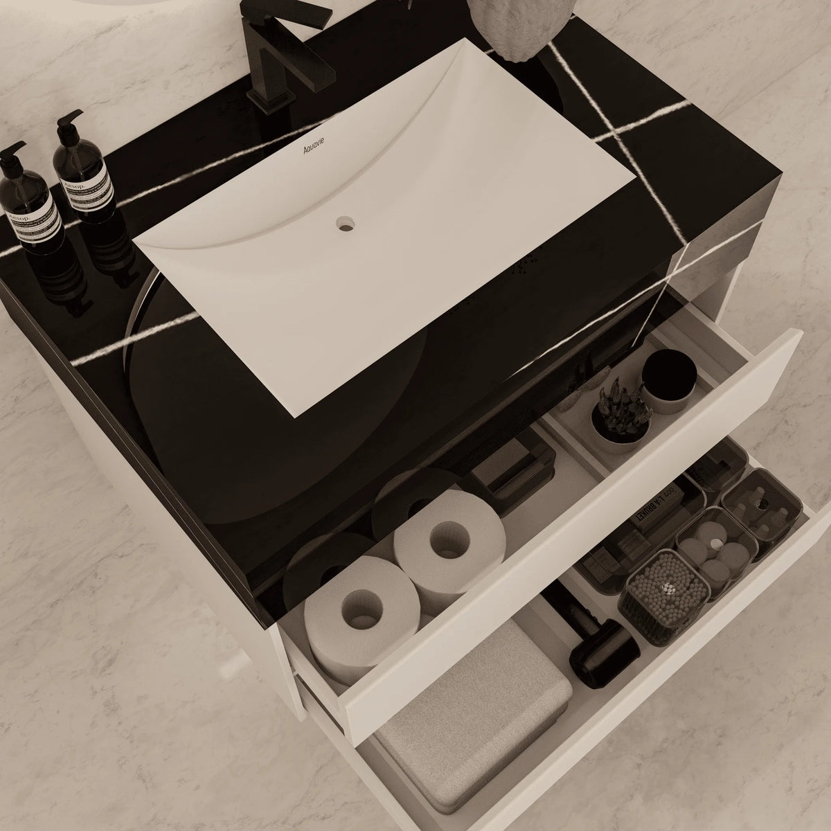 Aventino 40-inch Black Marquina modern floating single-sink vanity — sintered stone top