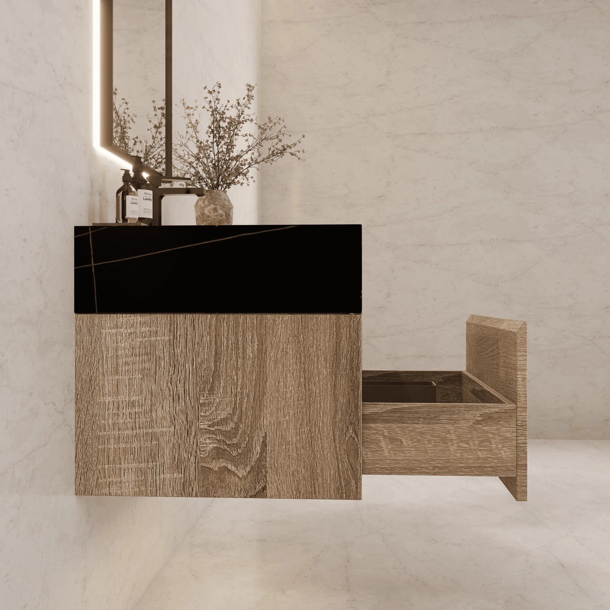 Aventino 40" Light Oak Floating Single-Sink Vanity with Sintered Stone Top