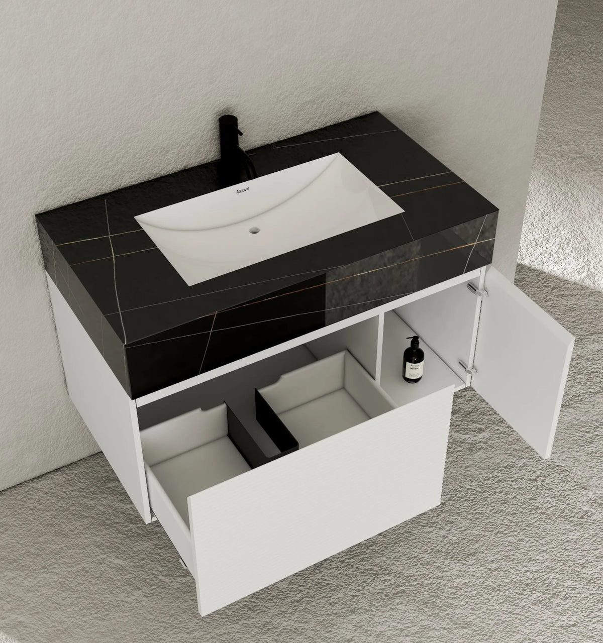 Aventino 40-inch Black Marquina fluted floating single-sink vanity — sintered stone top