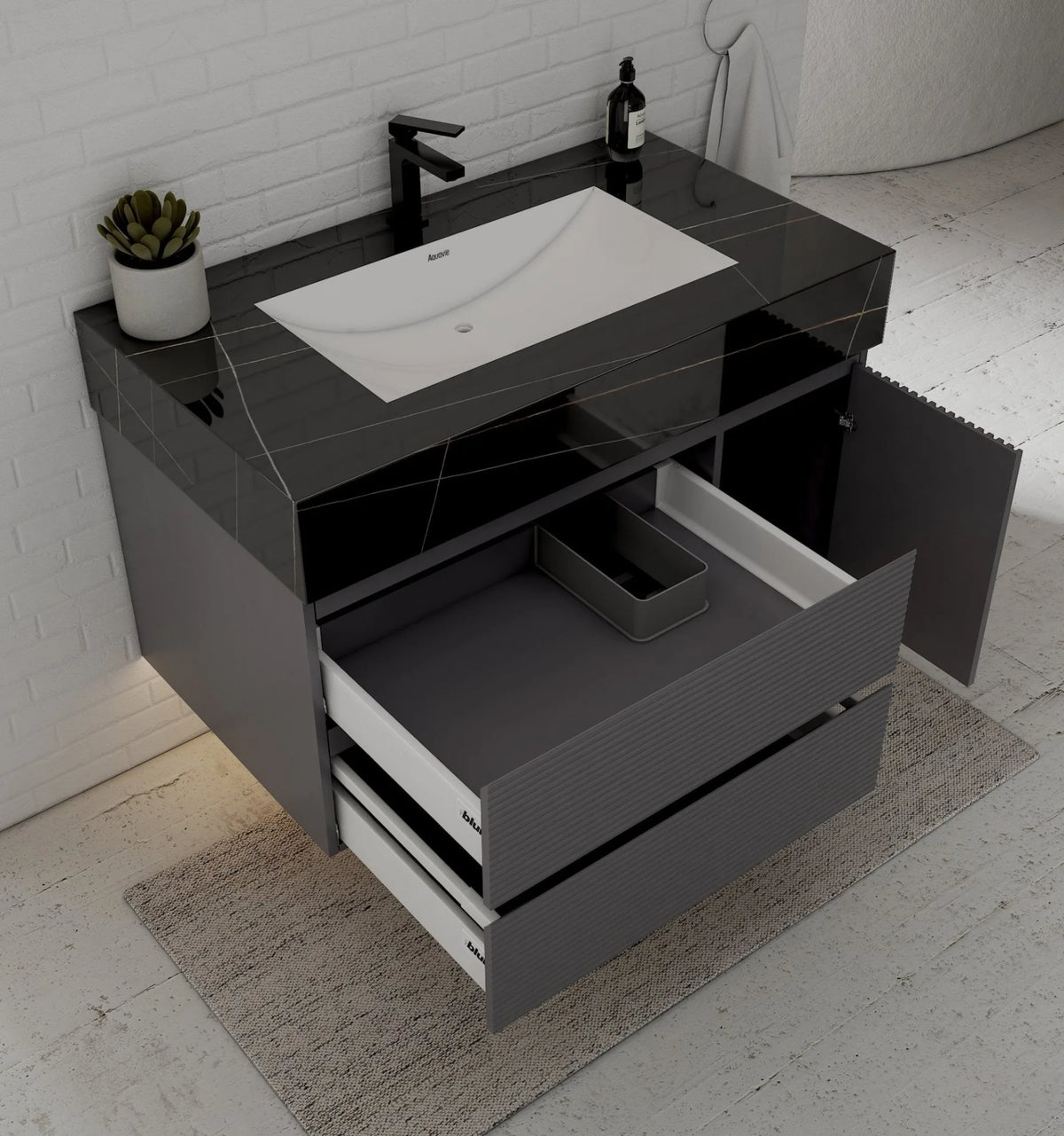 Aventino 40-inch Black Marquina fluted floating single-sink vanity — sintered stone top