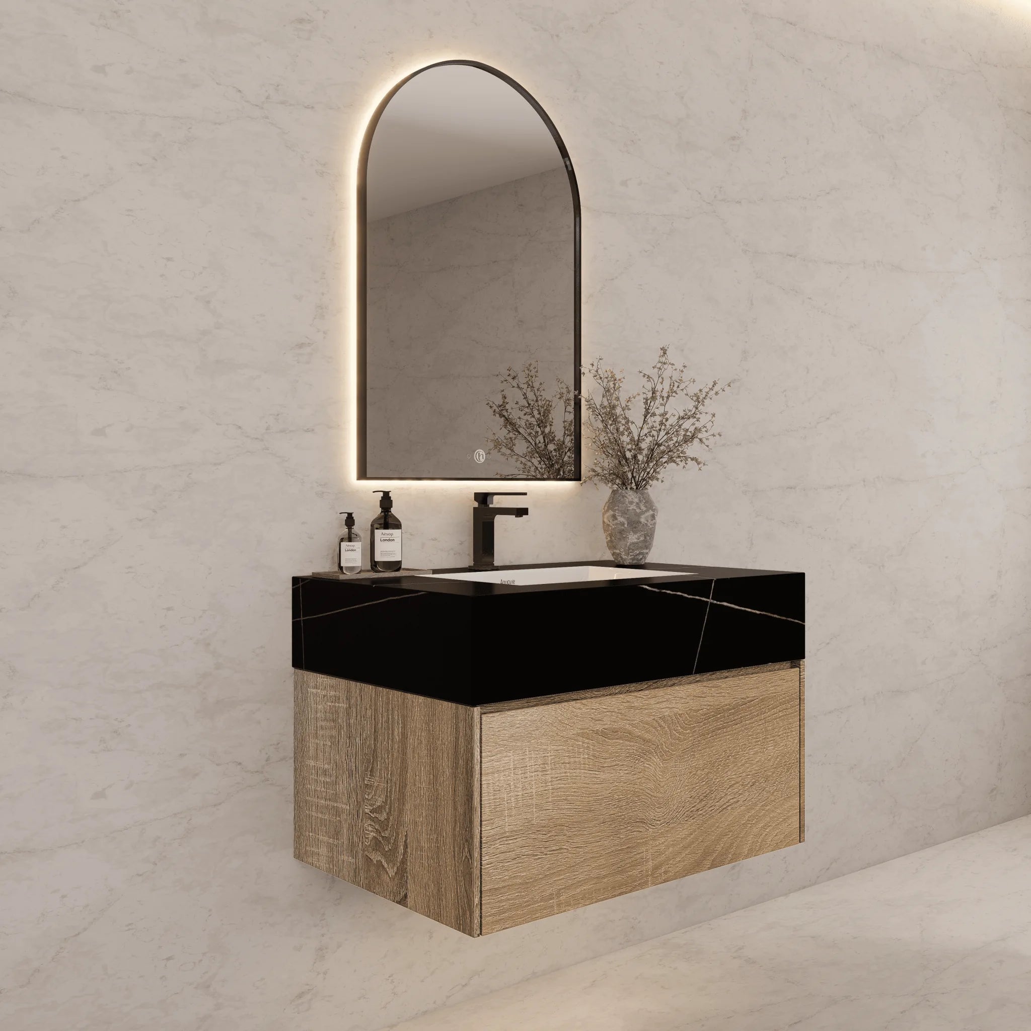 Aventino 32"–40" Light Oak Floating Single-Sink Vanity with Sintered Stone Top
