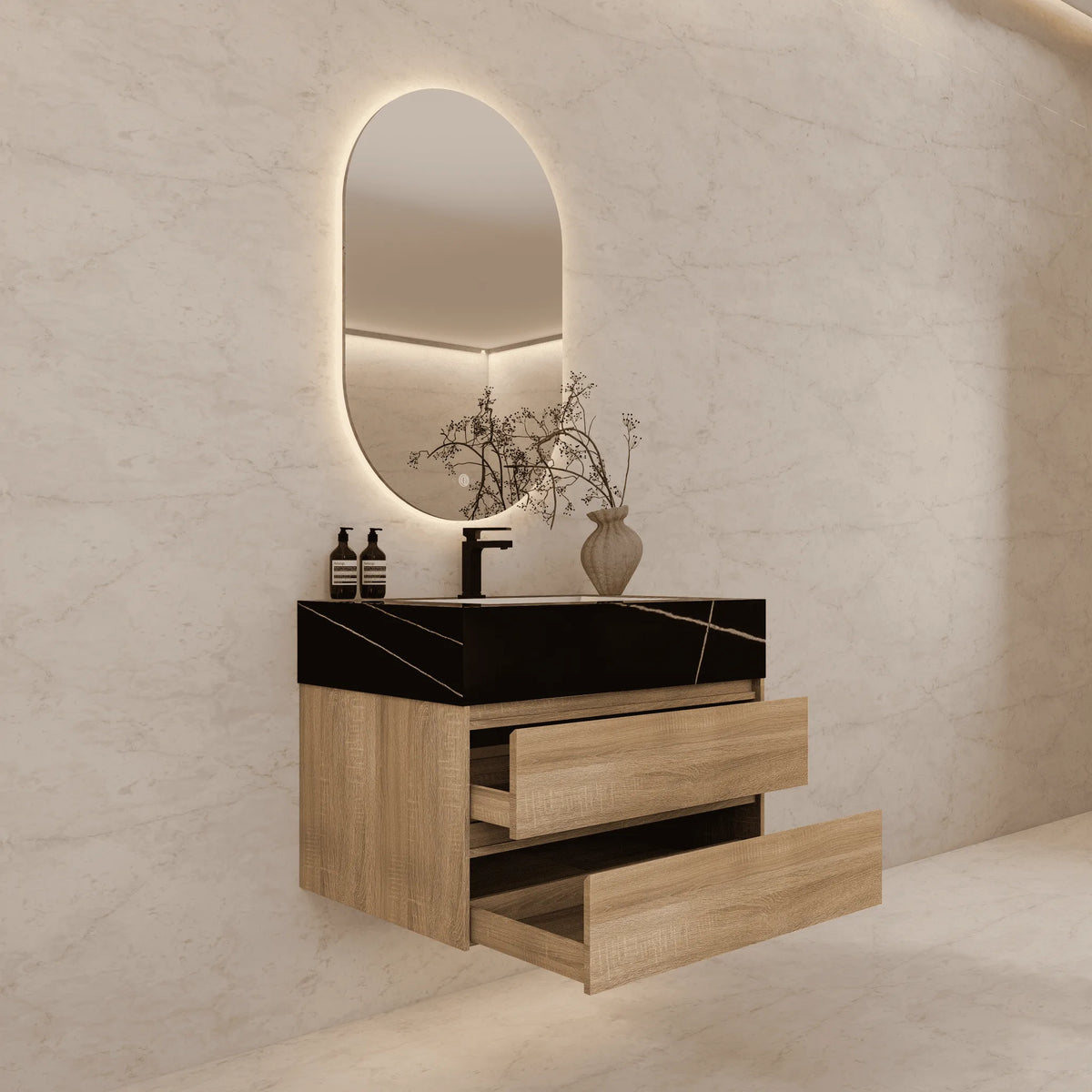 Aventino 40" Black Marquina Gold Veins single-sink flat floating vanity — sintered stone top