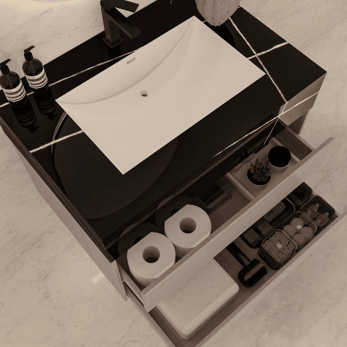 Aventino 40" Black Marquina Gold Veins single-sink flat floating vanity — sintered stone top