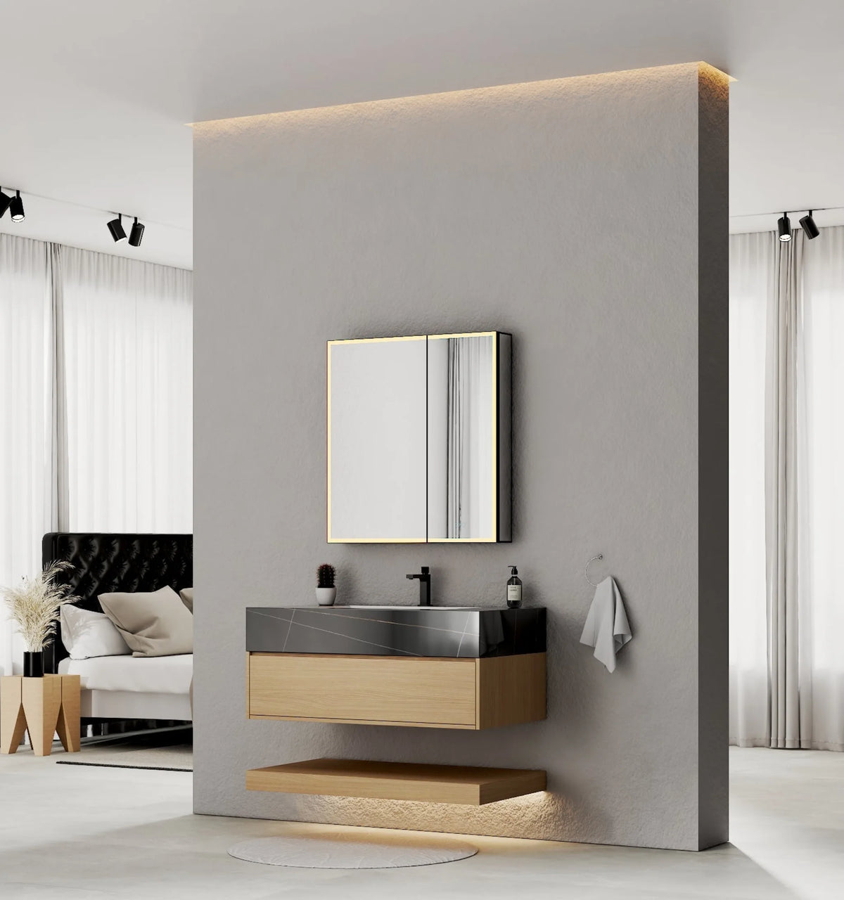 Aventino 40-inch Black Marquina flat-panel floating single-sink vanity — sintered stone top