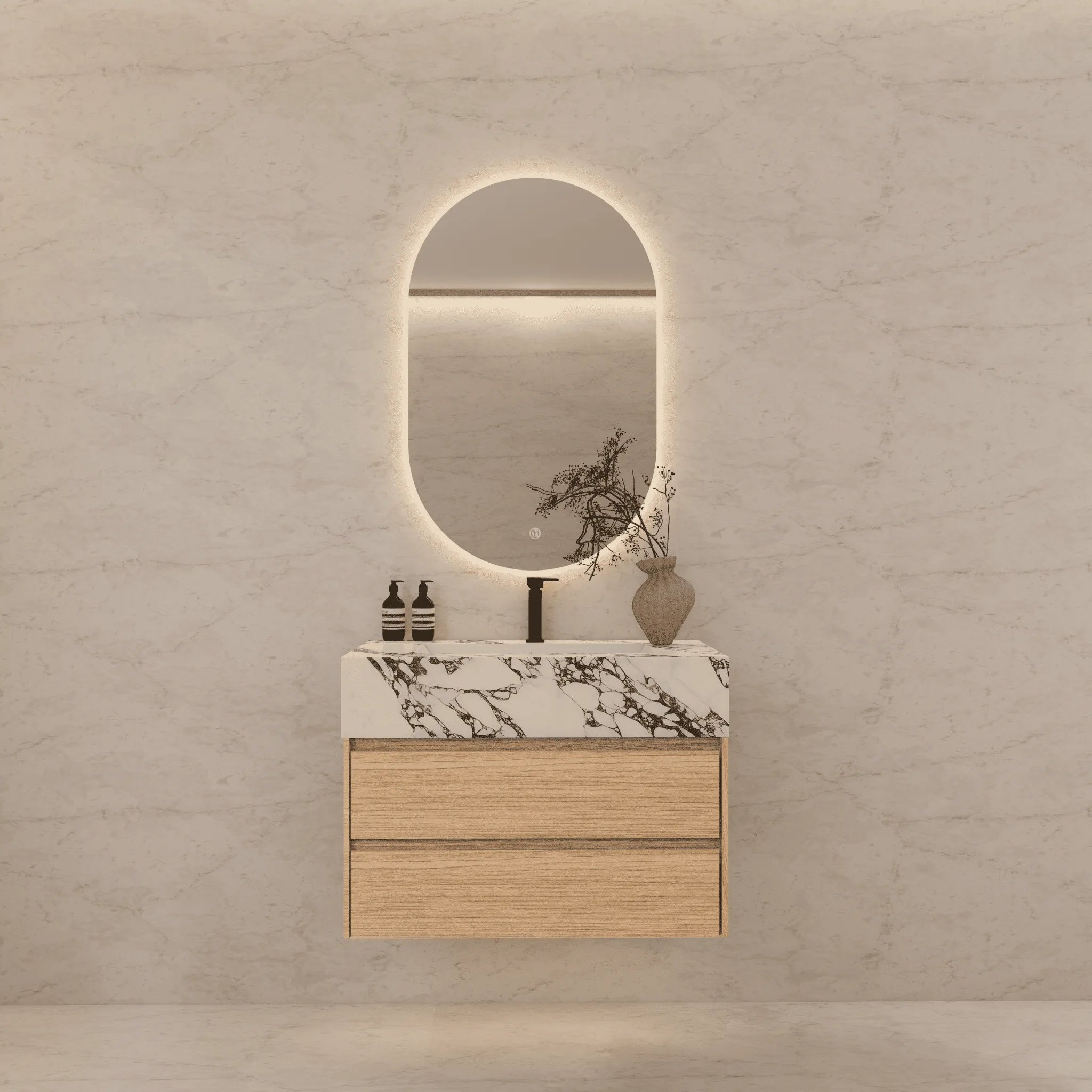 Aventino 32"–40" Nature Oak Floating Single-Sink Vanity with Sintered Stone Top