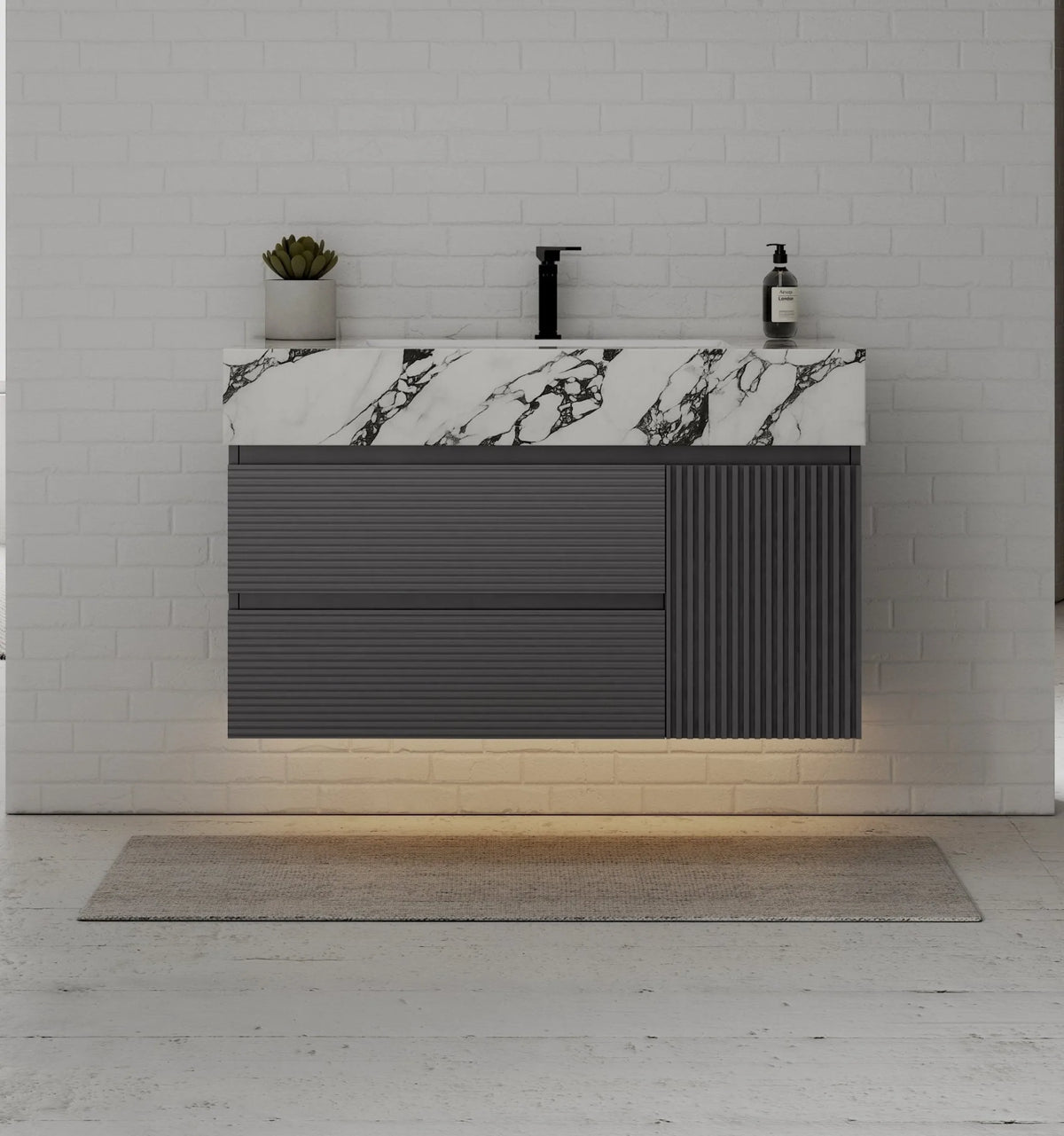 Aventino 40-inch Calacatta Black fluted floating single-sink vanity — sintered stone top