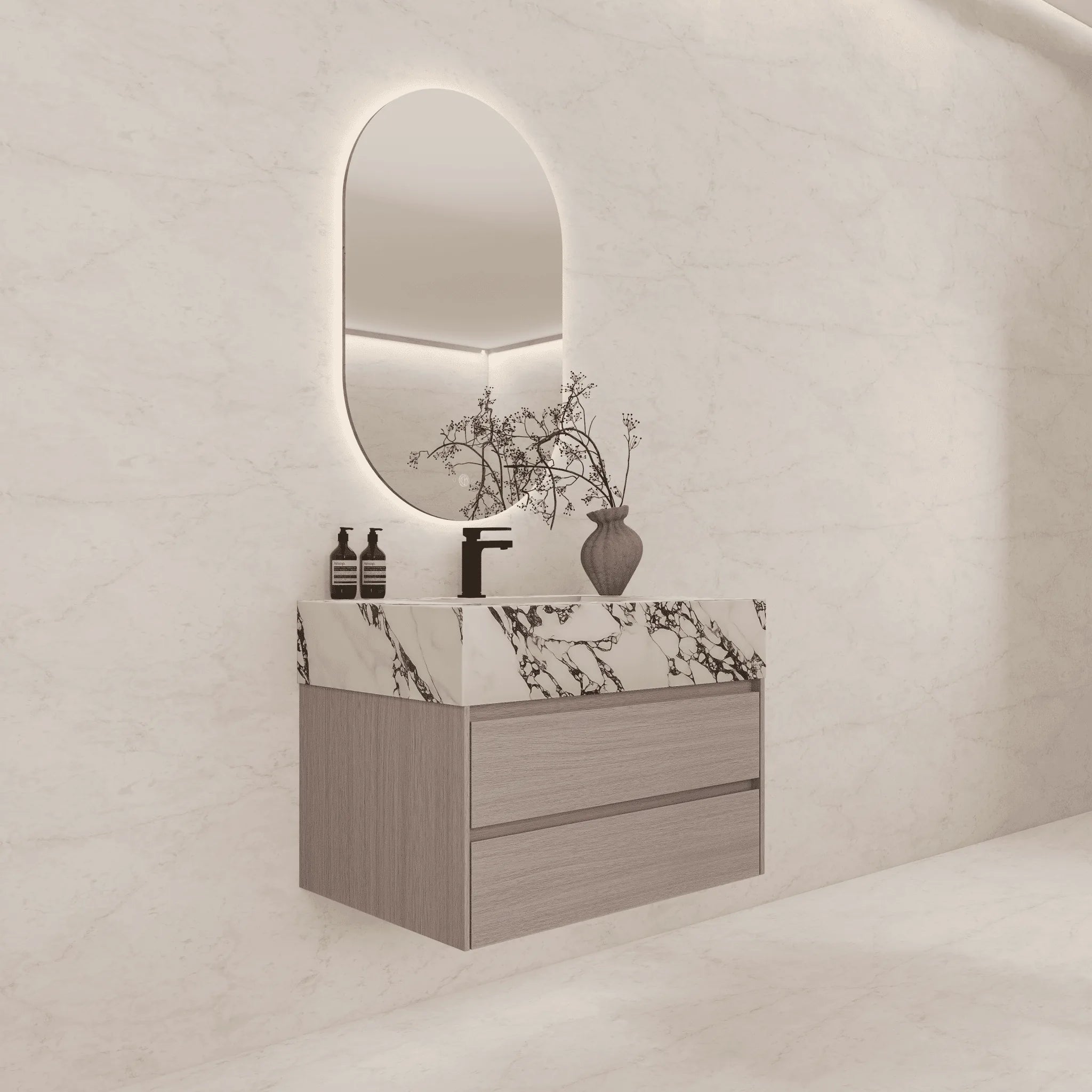 Aventino 32"–40" Nature Oak Floating Single-Sink Vanity with Sintered Stone Top