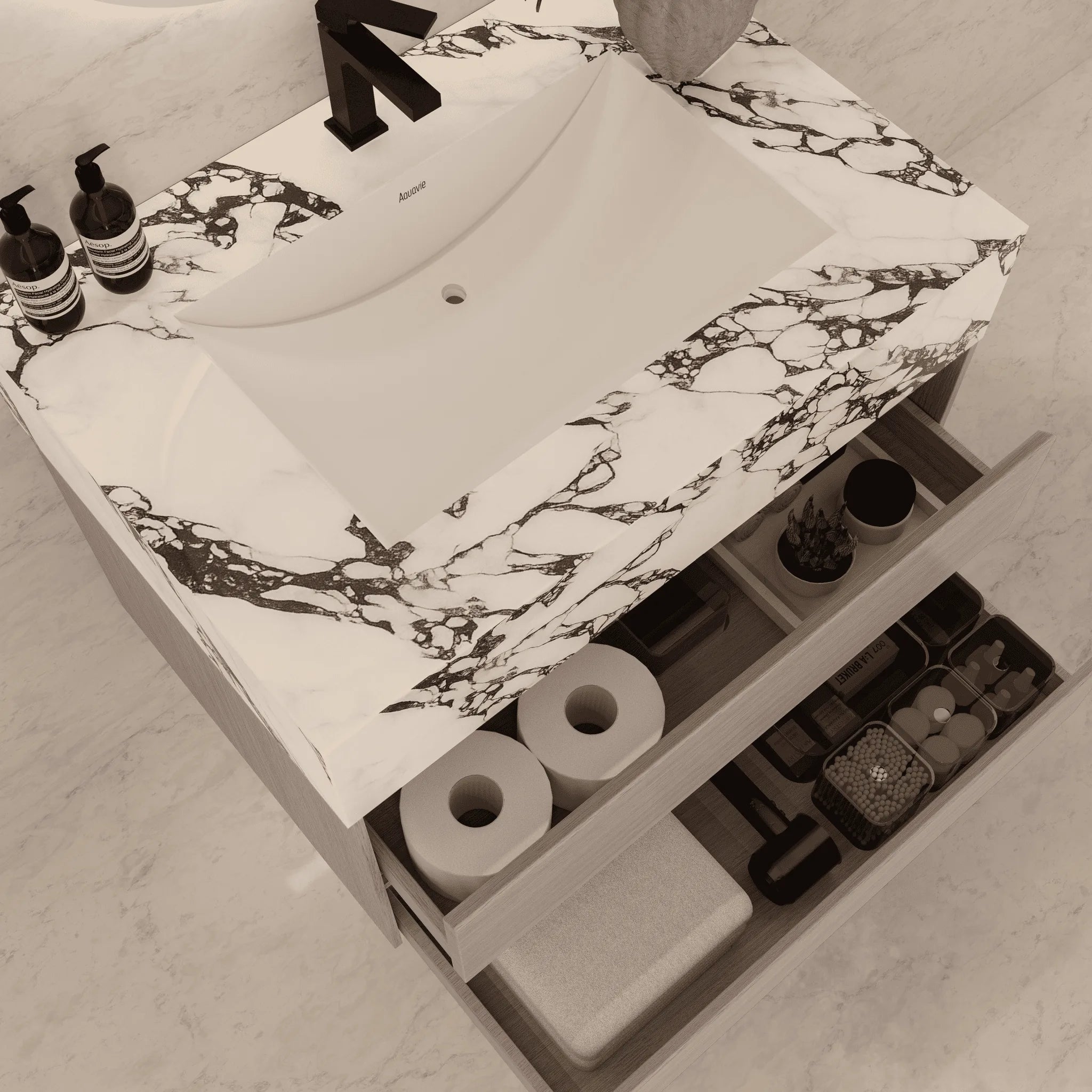 Aventino 32"–40" Nature Oak Floating Single-Sink Vanity with Sintered Stone Top