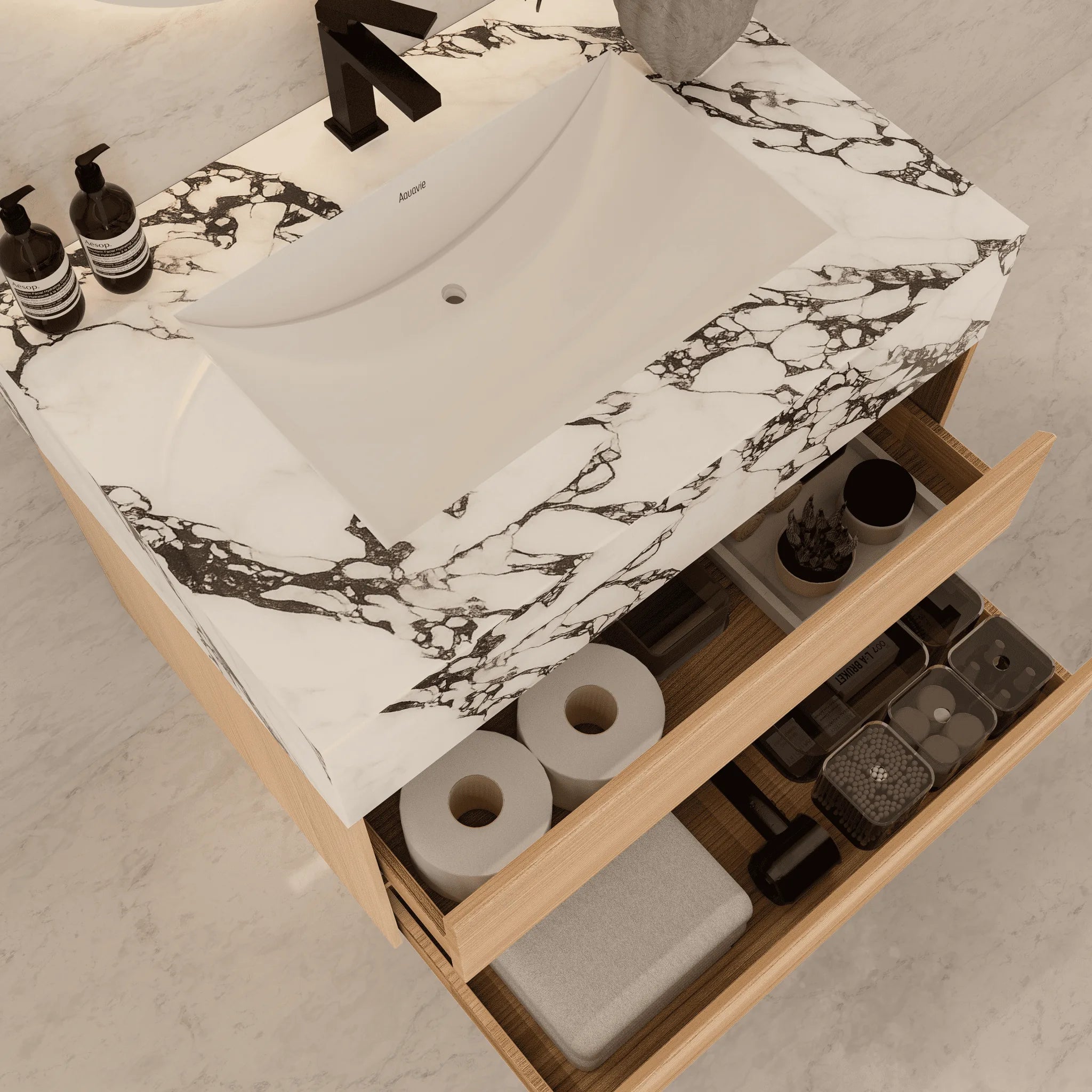 Aventino 32"–40" Nature Oak Floating Single-Sink Vanity with Sintered Stone Top