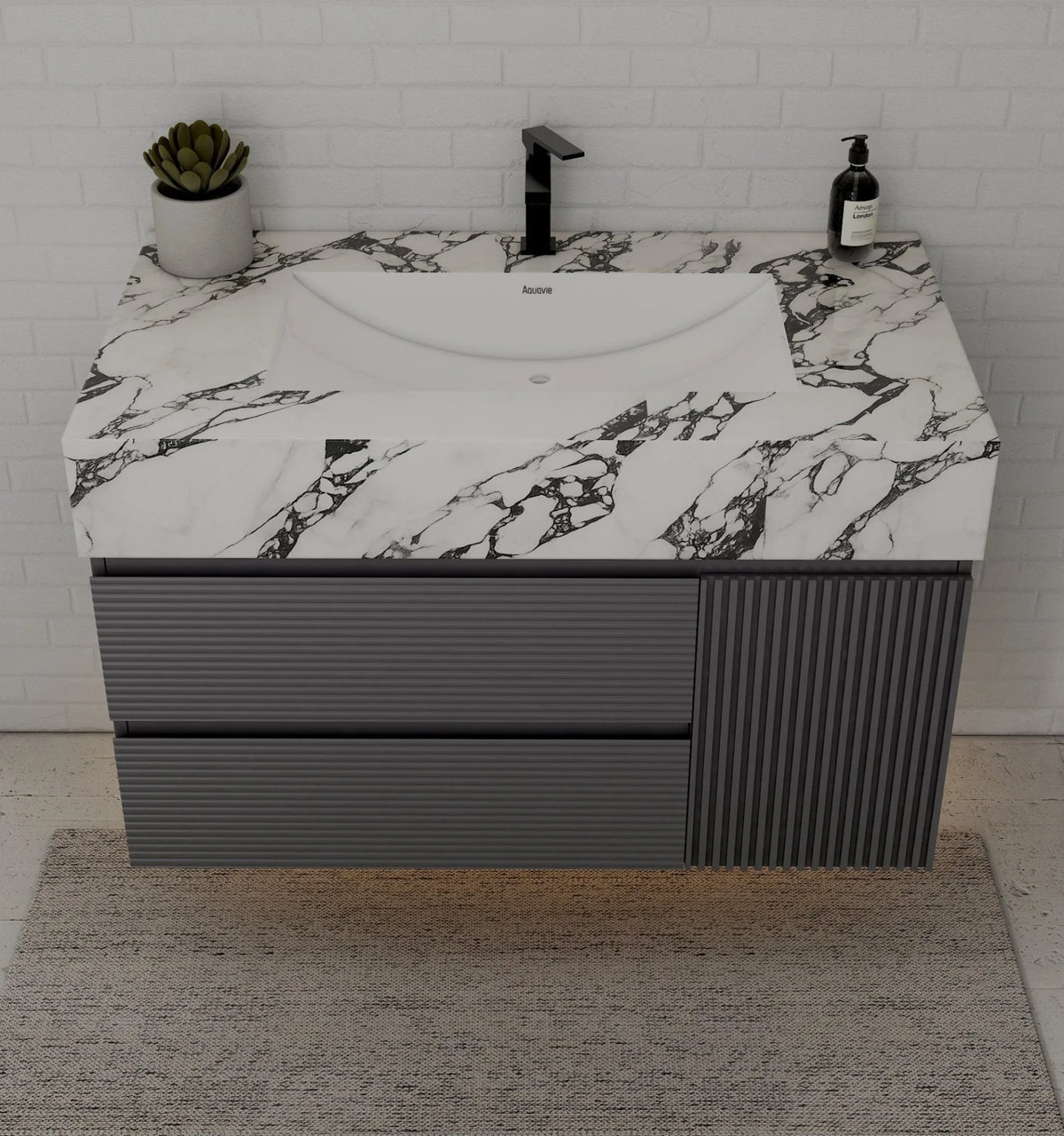 Aventino 40-inch Calacatta Black fluted floating single-sink vanity — sintered stone top