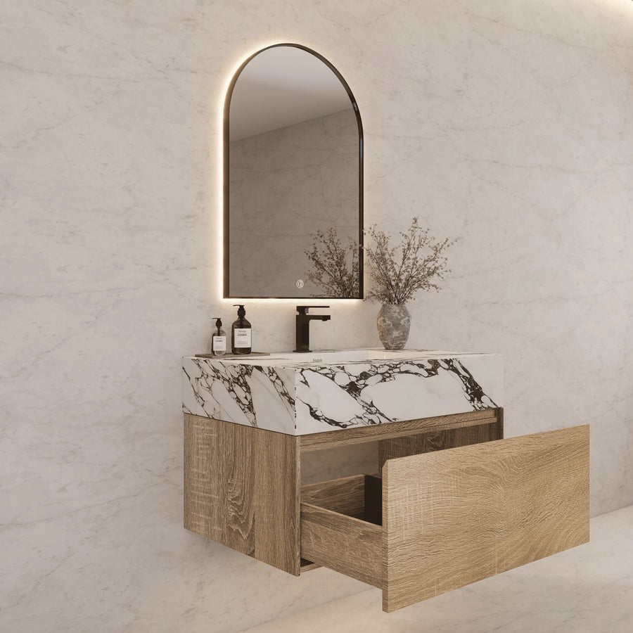 Aventino vanity with drawers open — Blum TandemBox soft-close slides