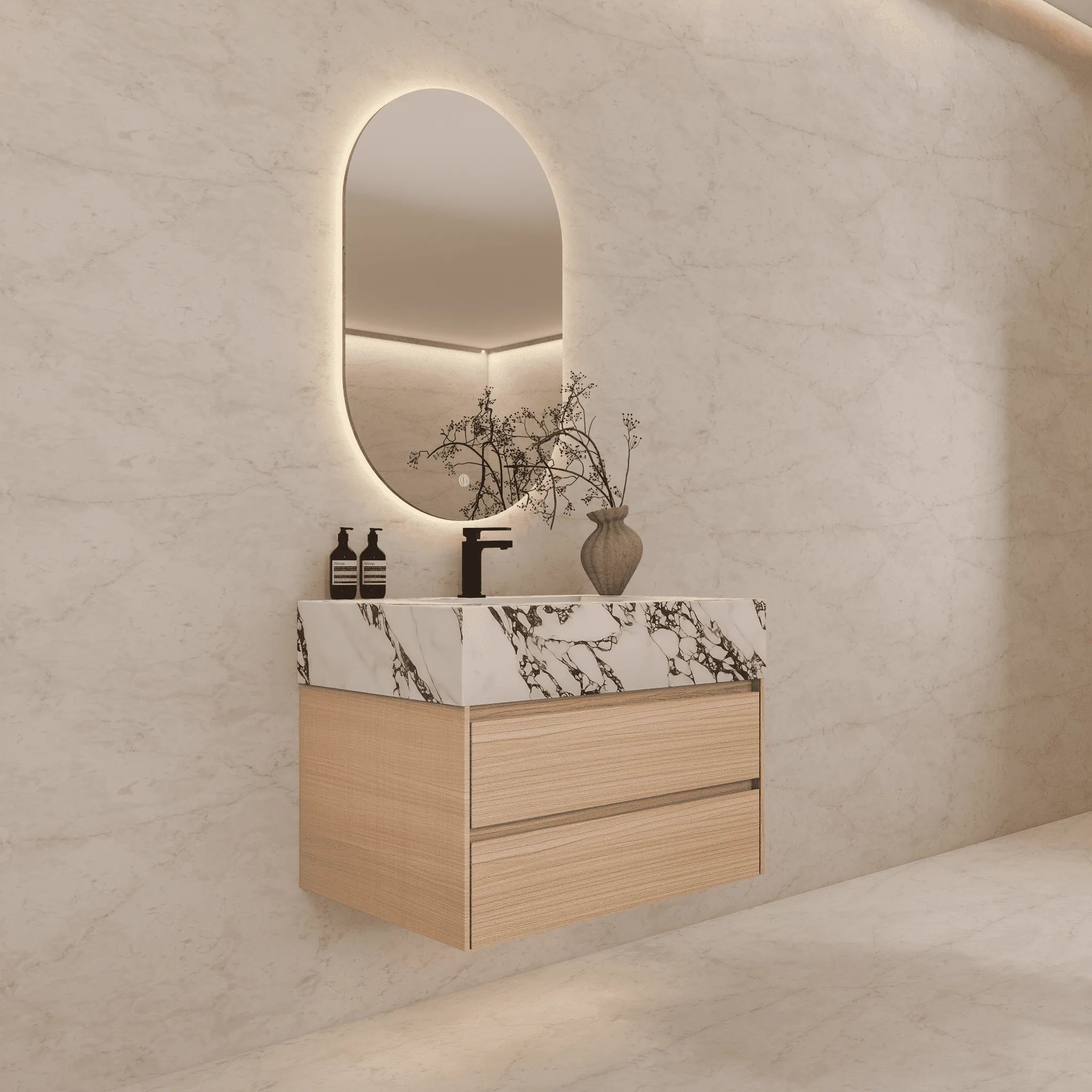 Aventino 32"–40" Nature Oak Floating Single-Sink Vanity with Sintered Stone Top