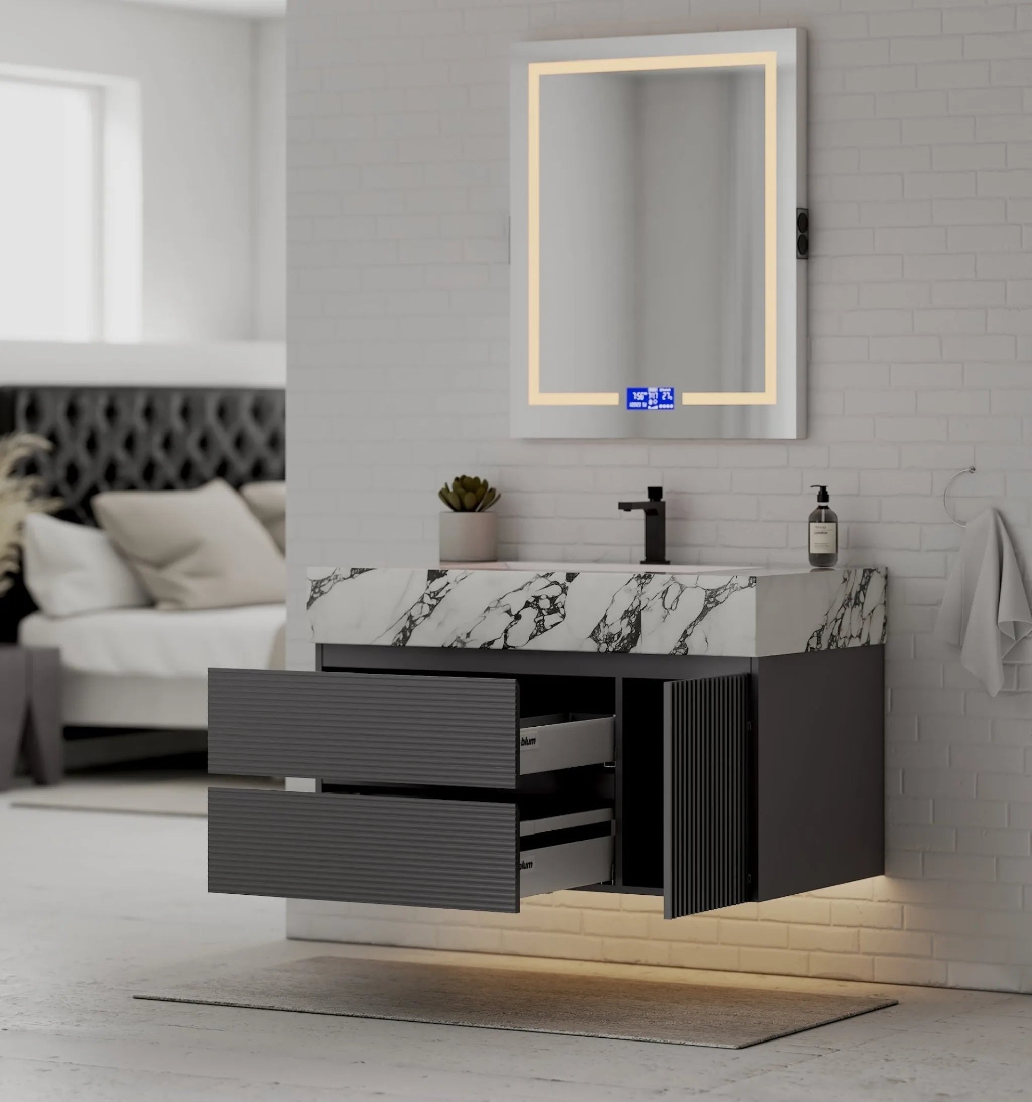 Aventino 40"–48" Dark Grey Fluted Floating Single-Sink Vanity with Sintered Stone Top