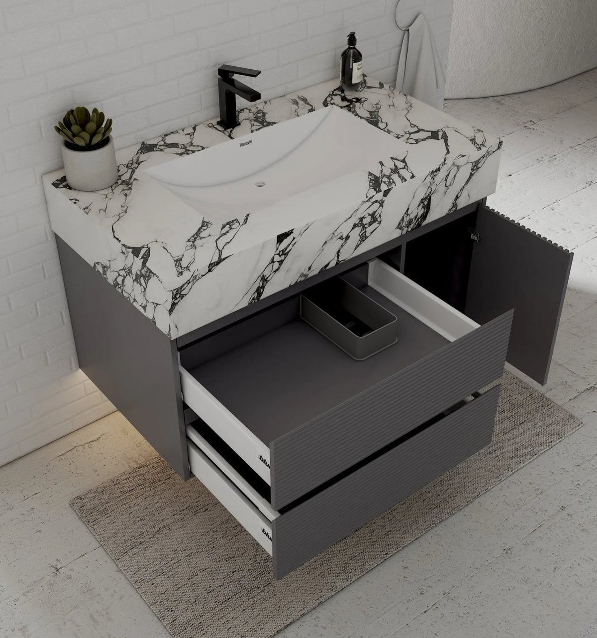 Aventino 40-inch Calacatta Black fluted floating single-sink vanity — sintered stone top