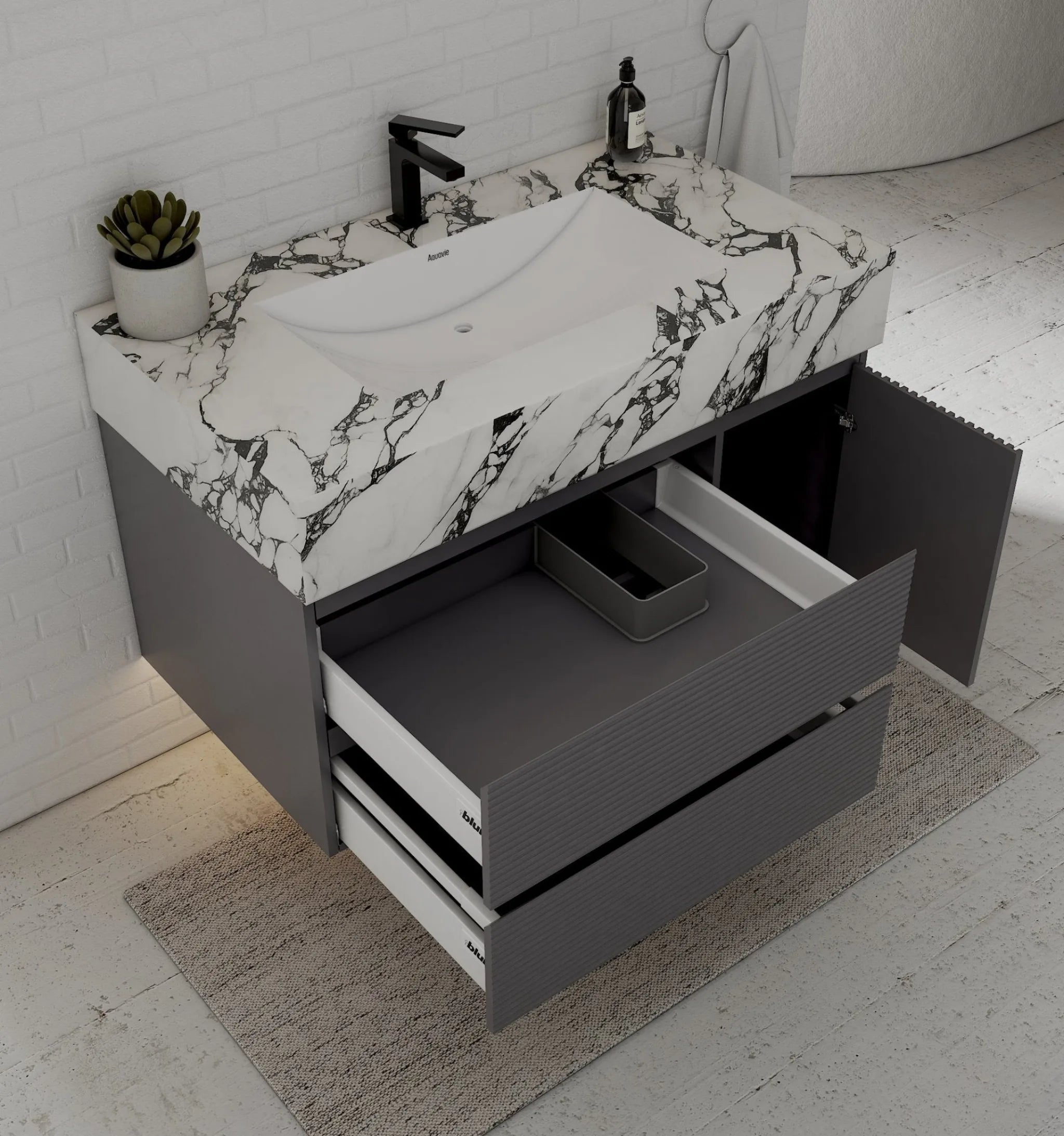 Aventino 40"–48" Dark Grey Fluted Floating Single-Sink Vanity with Sintered Stone Top