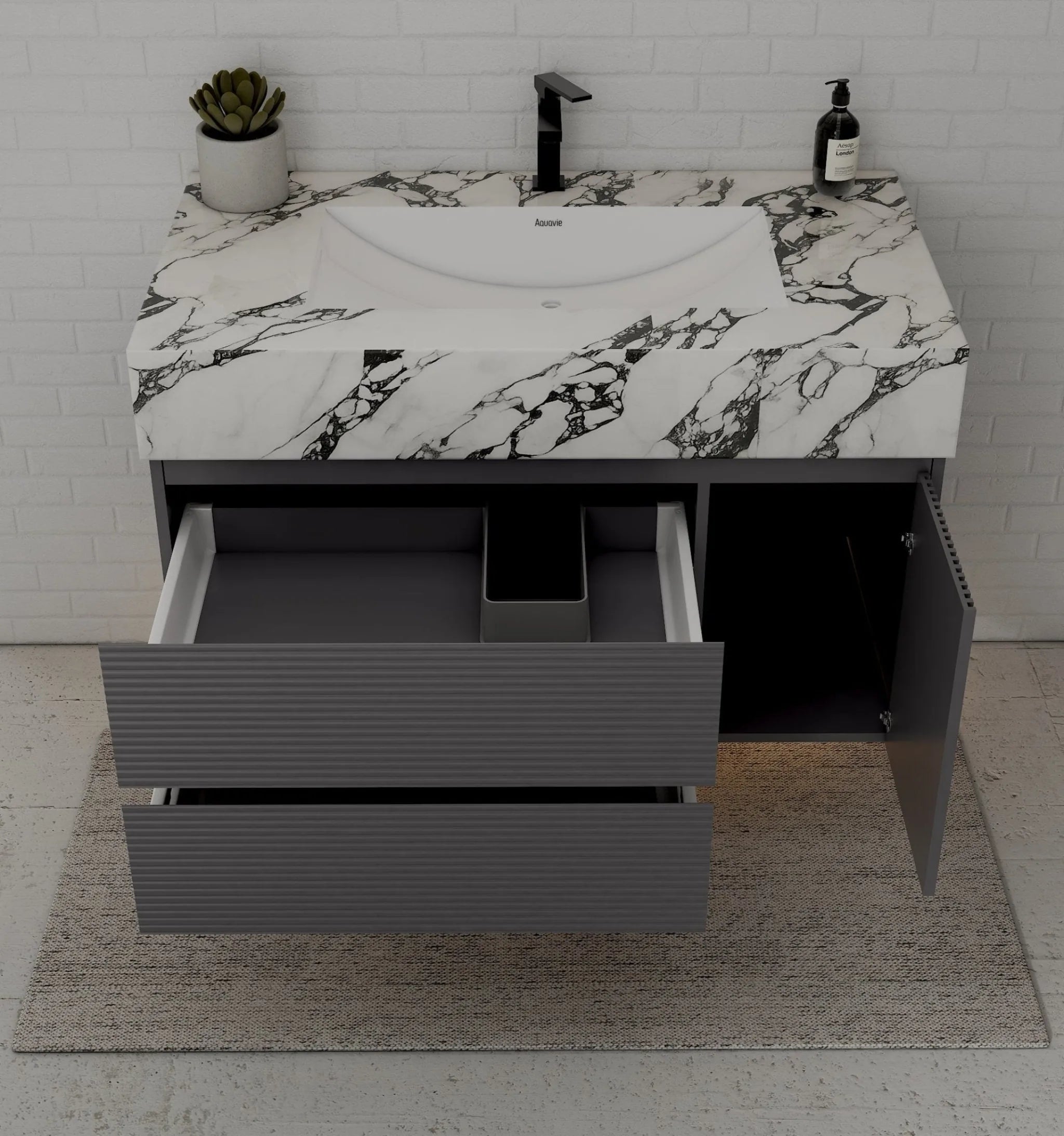 Aventino 40"–48" Dark Grey Fluted Floating Single-Sink Vanity with Sintered Stone Top