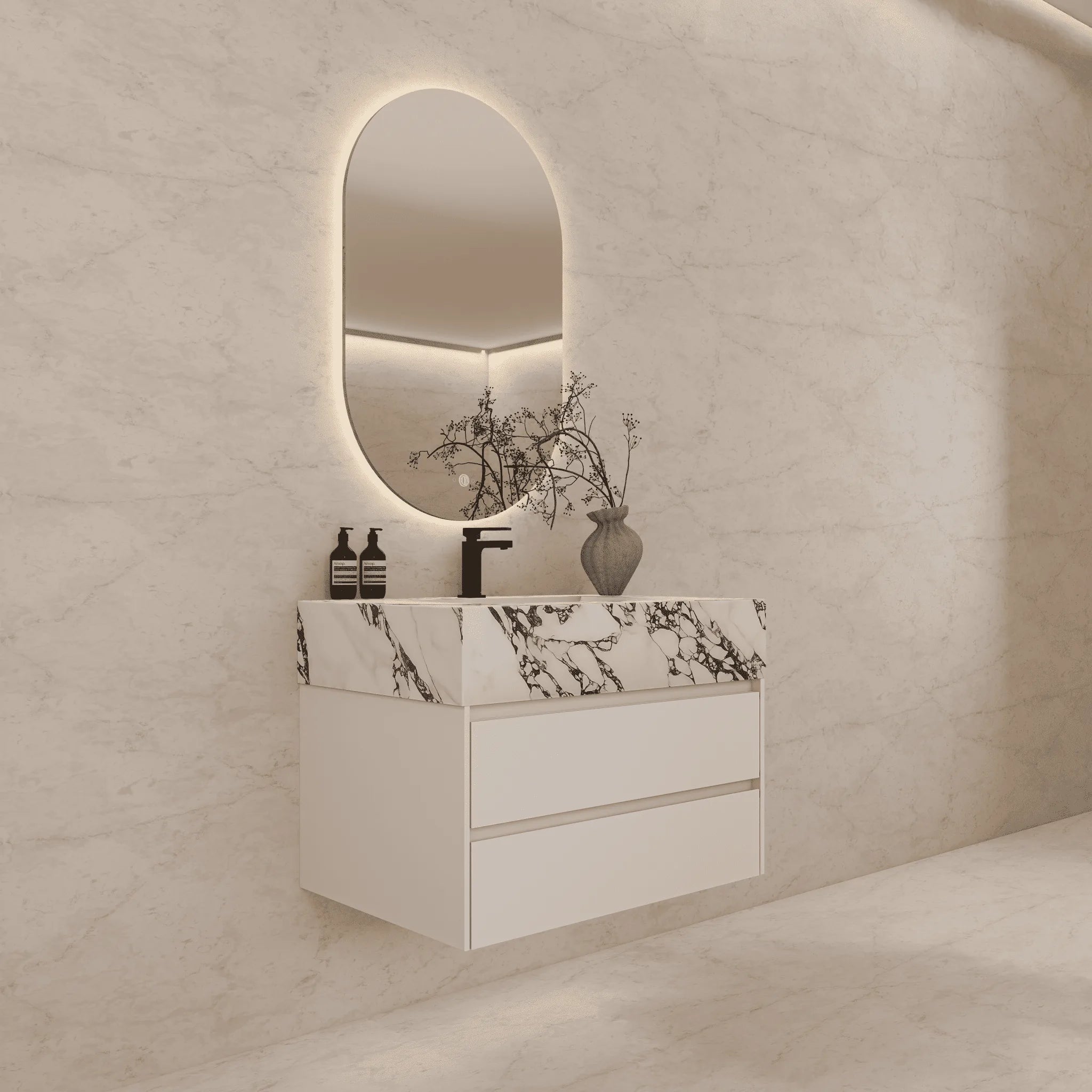 Aventino 32"–40" Nature Oak Floating Single-Sink Vanity with Sintered Stone Top