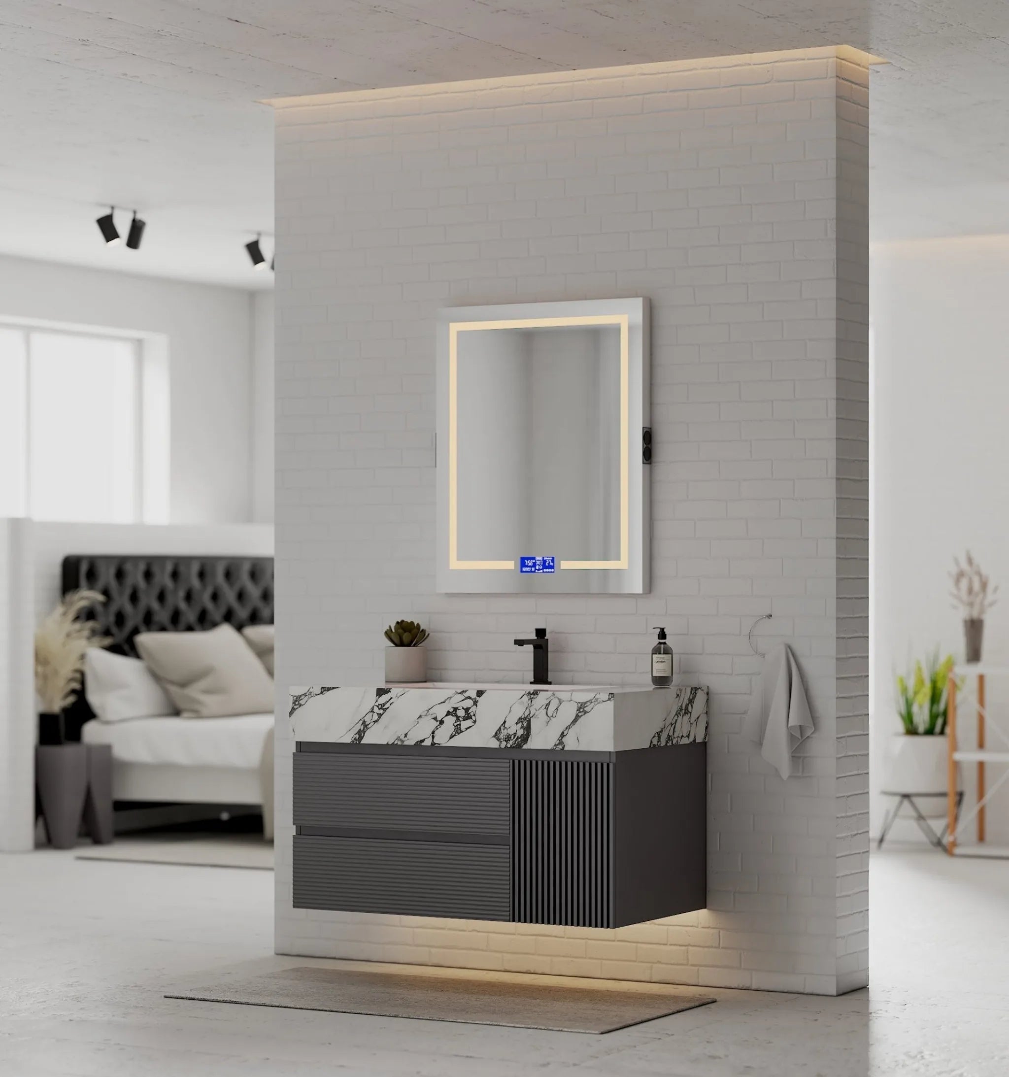 Aventino 40"–48" Dark Grey Fluted Floating Single-Sink Vanity with Sintered Stone Top