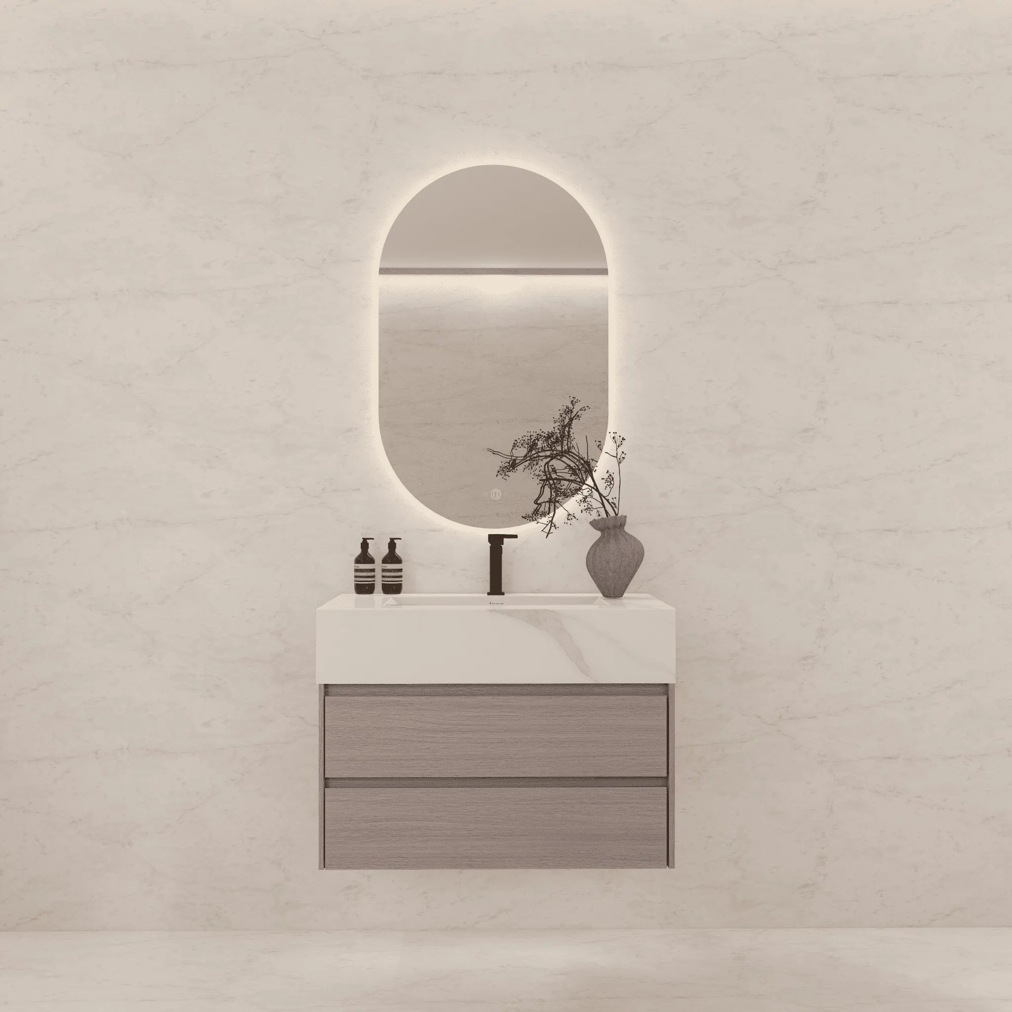 Aventino 32"–40" Nature Oak Floating Single-Sink Vanity with Sintered Stone Top