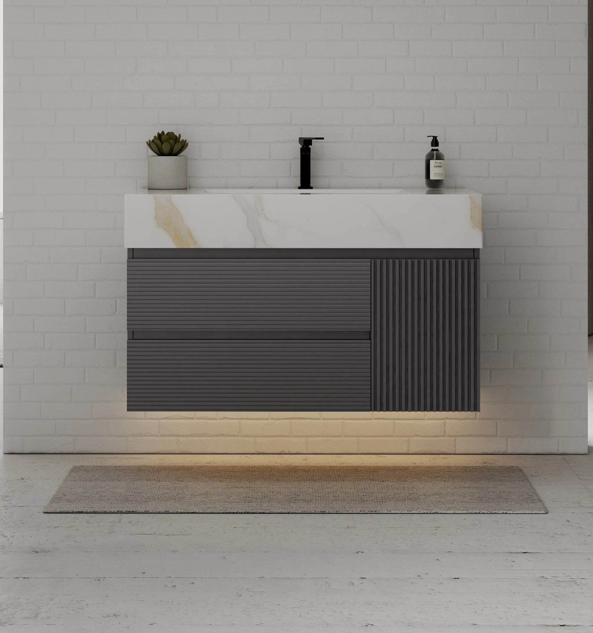 Aventino 40"–48" Dark Grey Fluted Floating Single-Sink Vanity with Sintered Stone Top