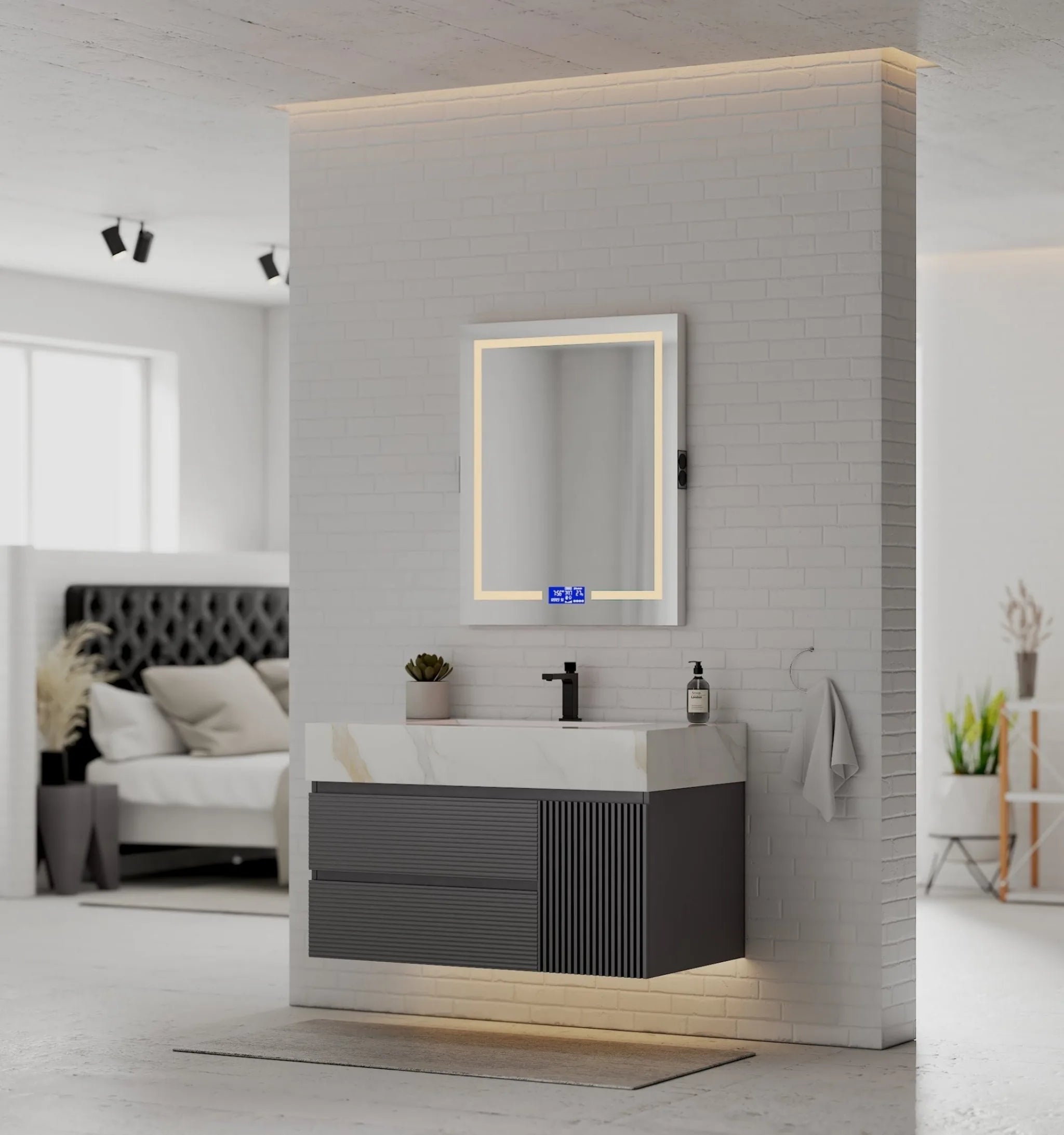 Aventino 40"–48" Dark Grey Fluted Floating Single-Sink Vanity with Sintered Stone Top