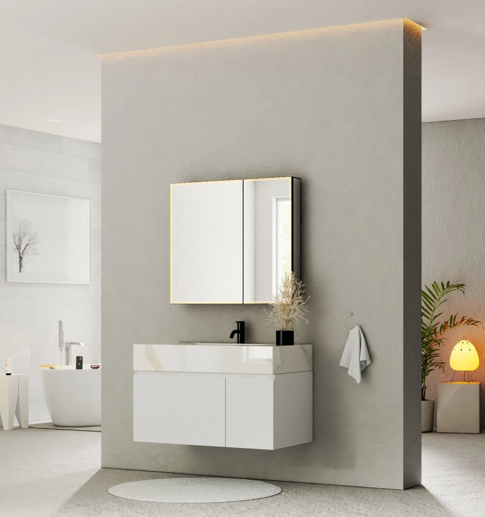 Aventino 40" White Fluted Floating Single-Sink Vanity with Sintered Stone Top