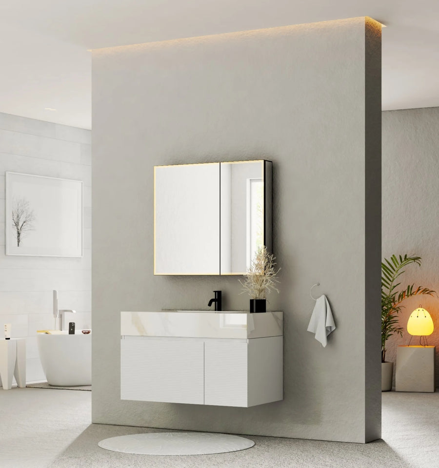 Aventino 40" White Fluted Floating Single-Sink Vanity with Sintered Stone Top