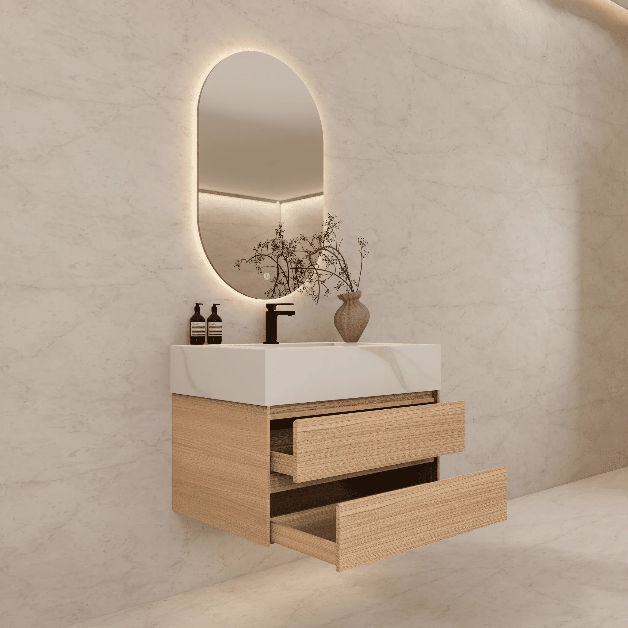 Aventino 32"–40" Smoked Oak Floating Single-Sink Vanity with Sintered Stone Top