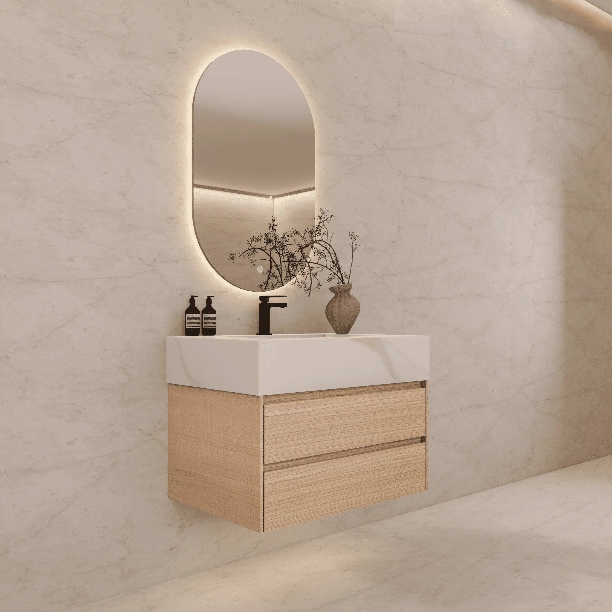 Aventino 32"–40" Nature Oak Floating Single-Sink Vanity with Sintered Stone Top