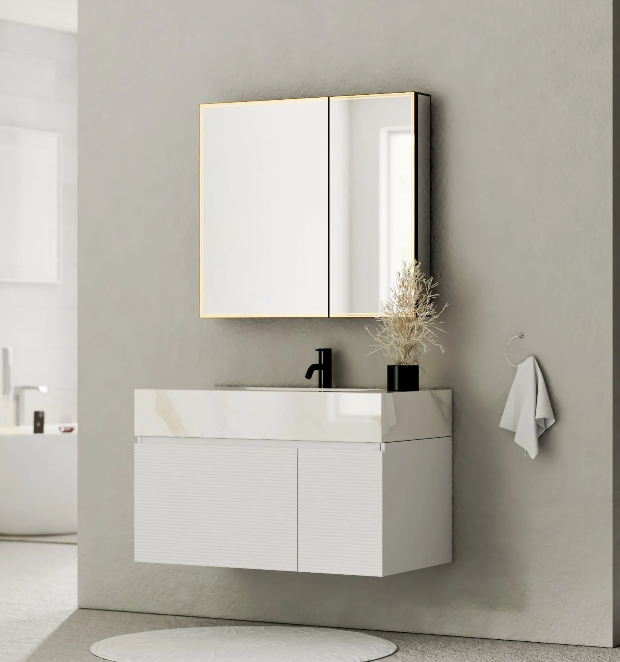 Aventino 40" White Fluted Floating Single-Sink Vanity with Sintered Stone Top