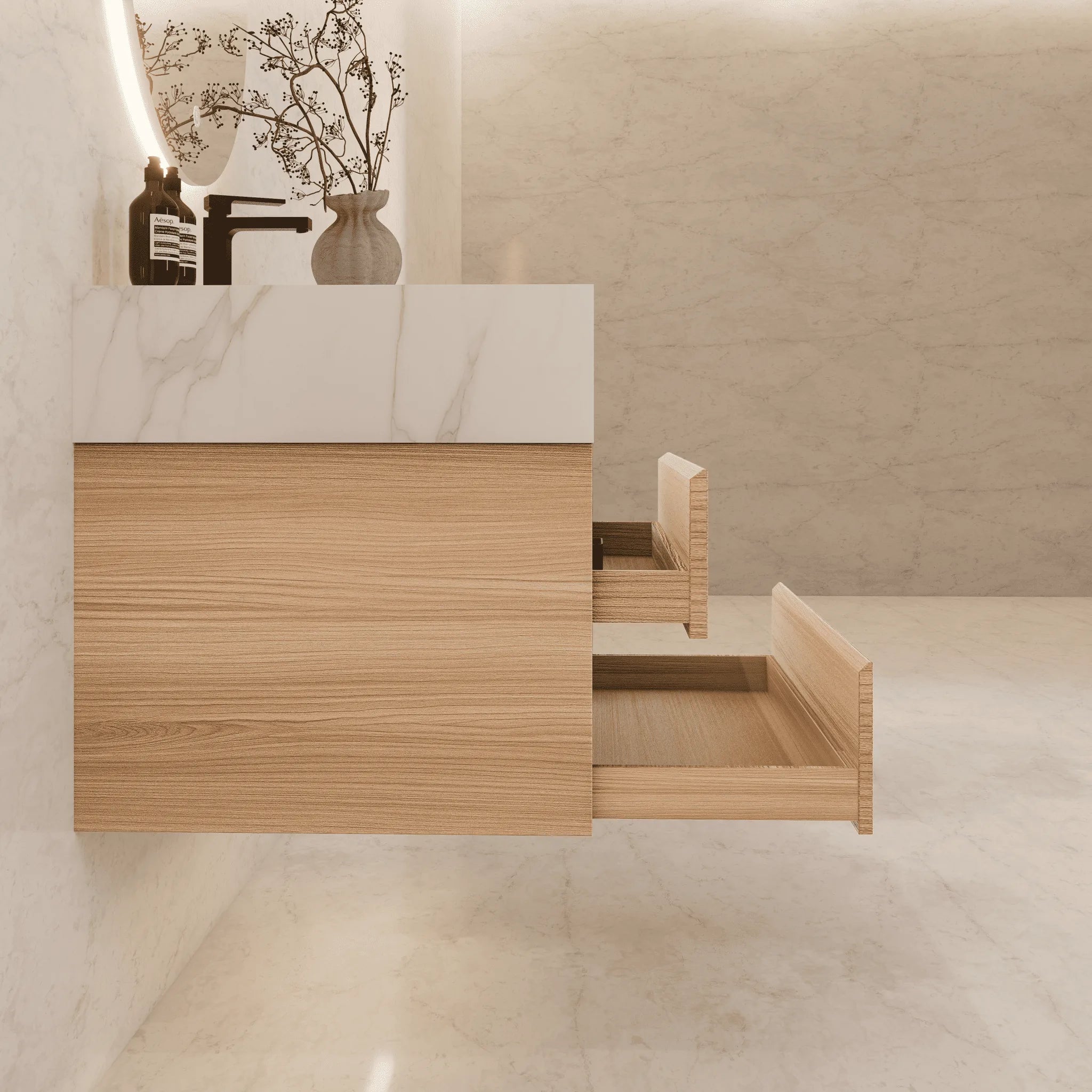 Aventino 32"–40" Smoked Oak Floating Single-Sink Vanity with Sintered Stone Top