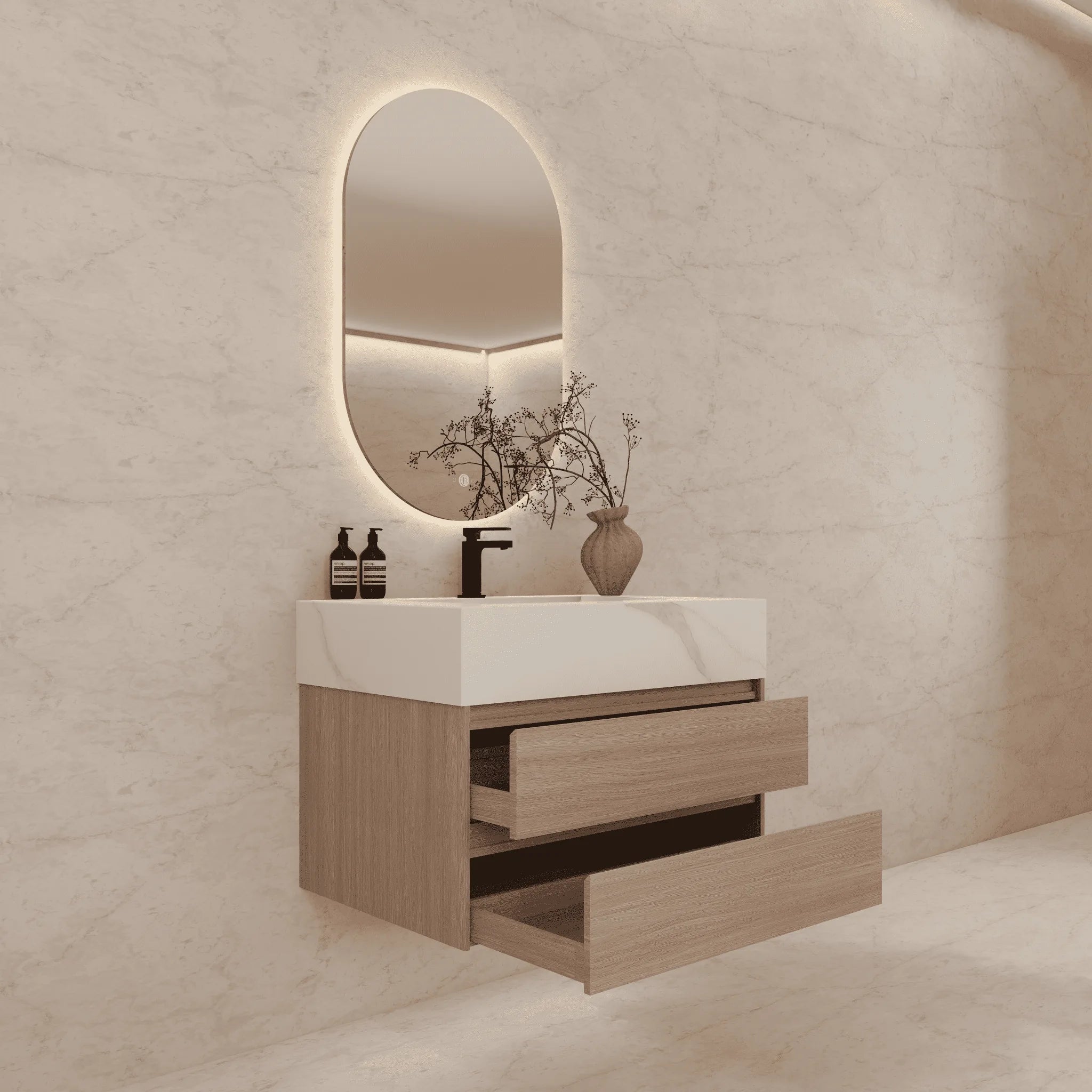 Aventino 32"–40" Nature Oak Floating Single-Sink Vanity with Sintered Stone Top