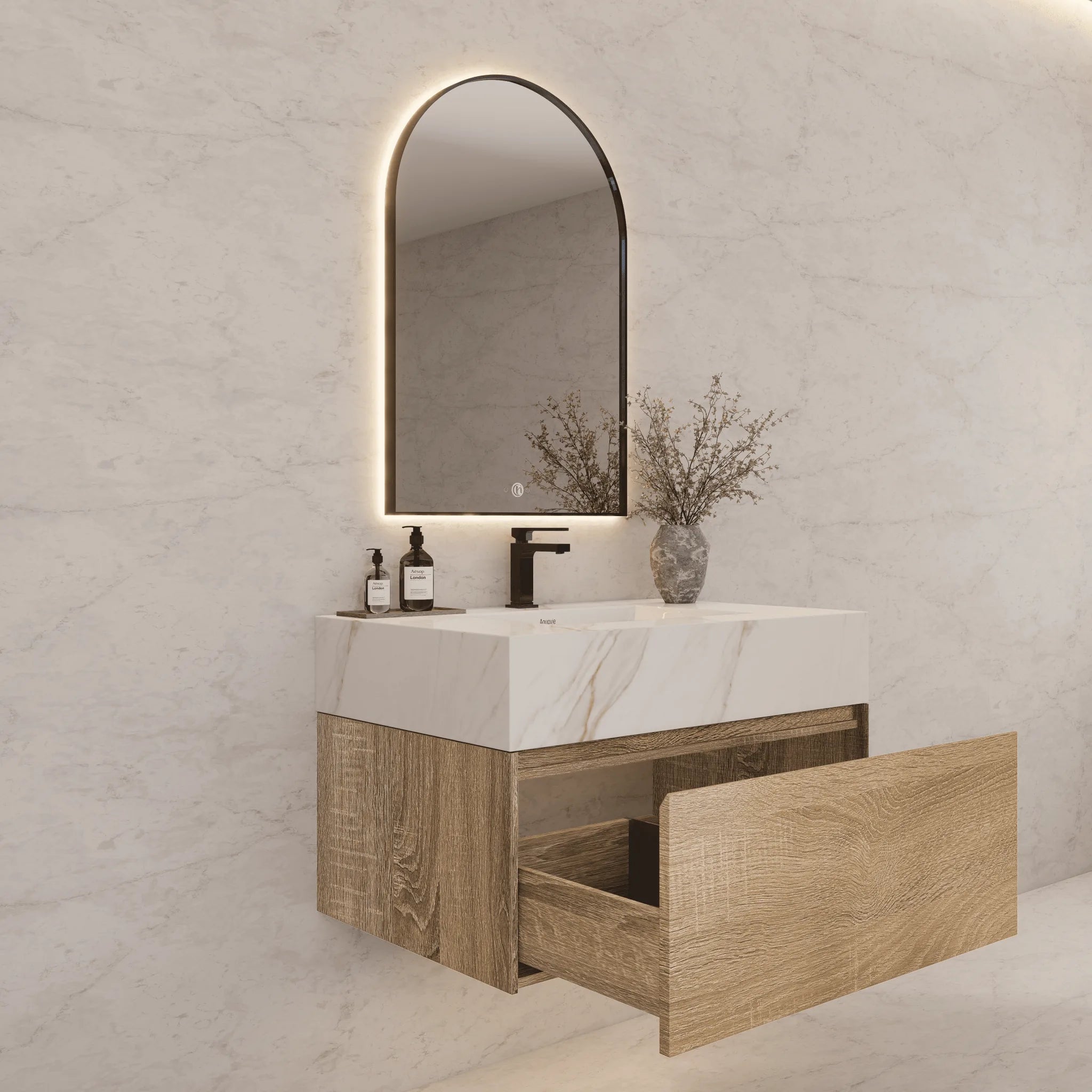Aventino 32"–40" Light Oak Floating Single-Sink Vanity with Sintered Stone Top