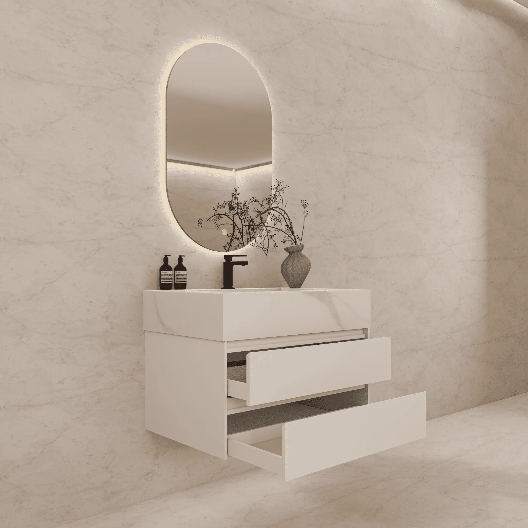 Aventino 32"–40" Nature Oak Floating Single-Sink Vanity with Sintered Stone Top