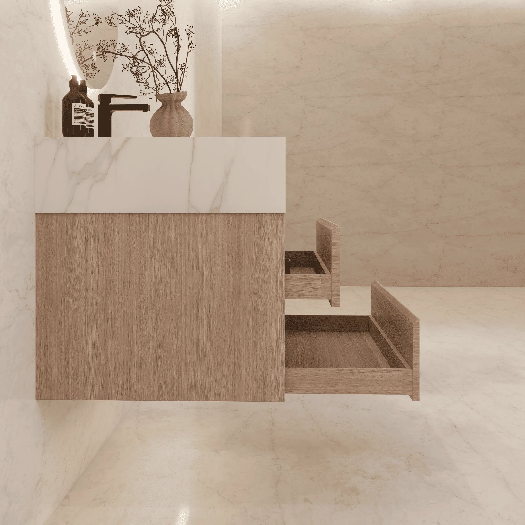Aventino 32"–40" Smoked Oak Floating Single-Sink Vanity with Sintered Stone Top