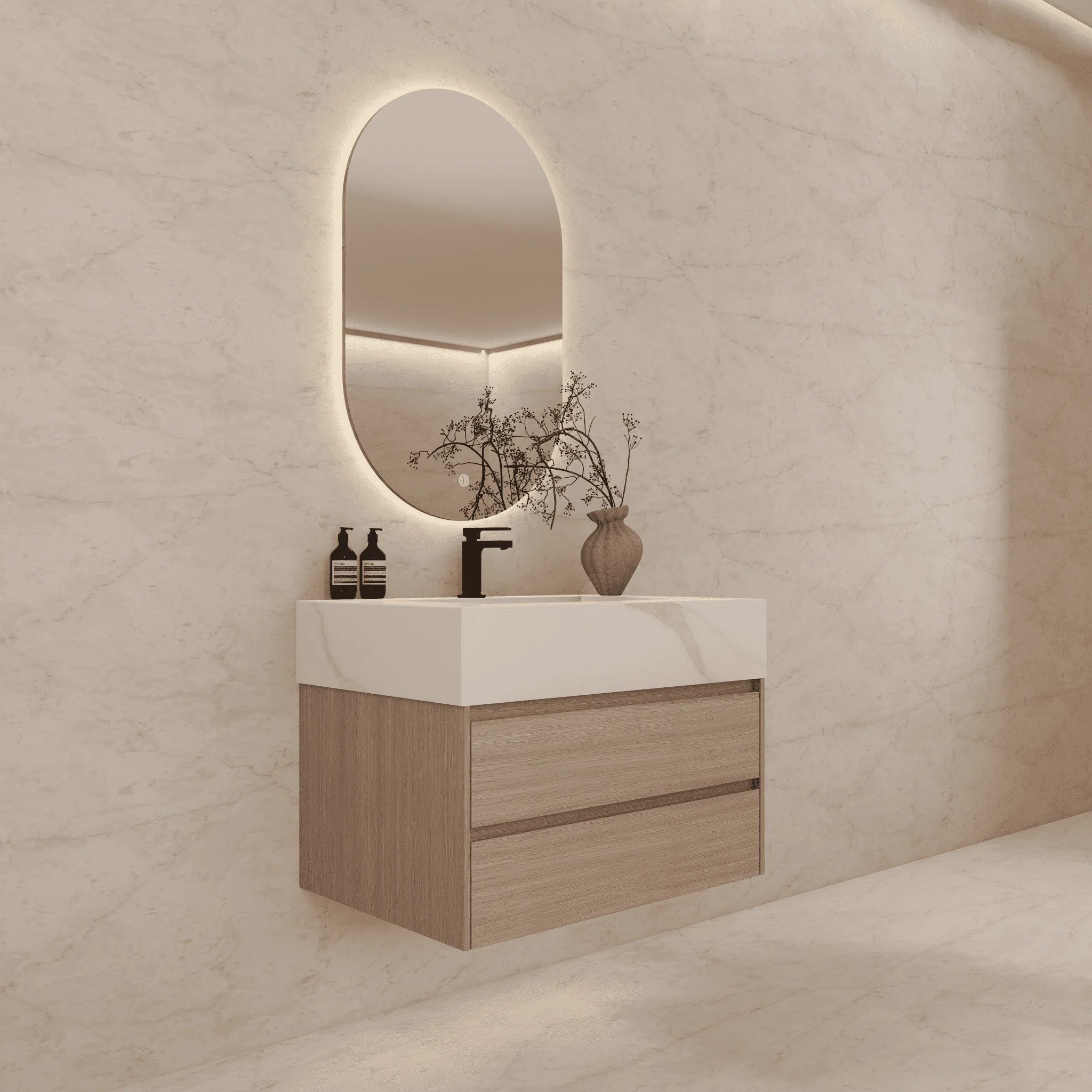 Aventino 32"–40" Nature Oak Floating Single-Sink Vanity with Sintered Stone Top