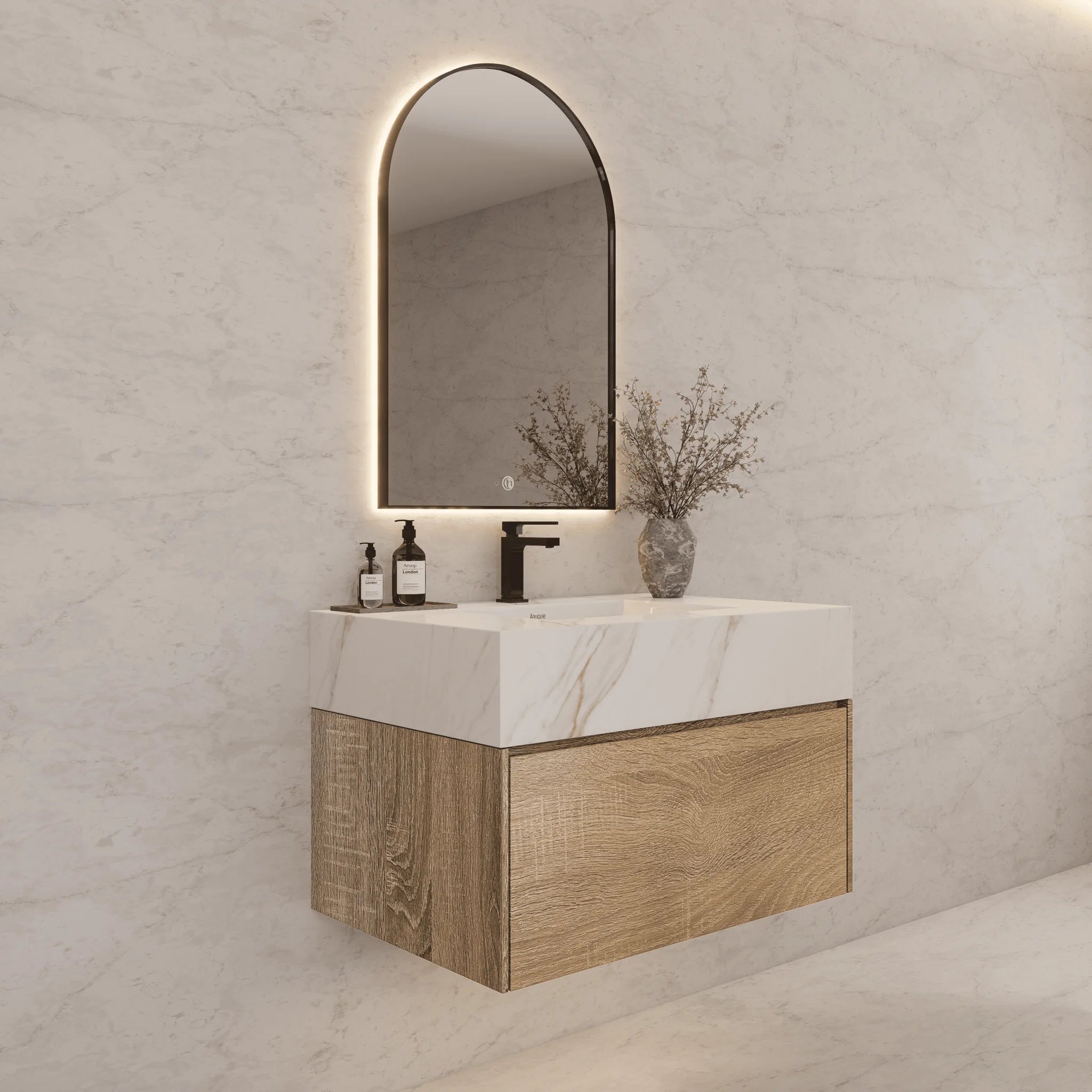 Aventino 32"–40" Light Oak Floating Single-Sink Vanity with Sintered Stone Top