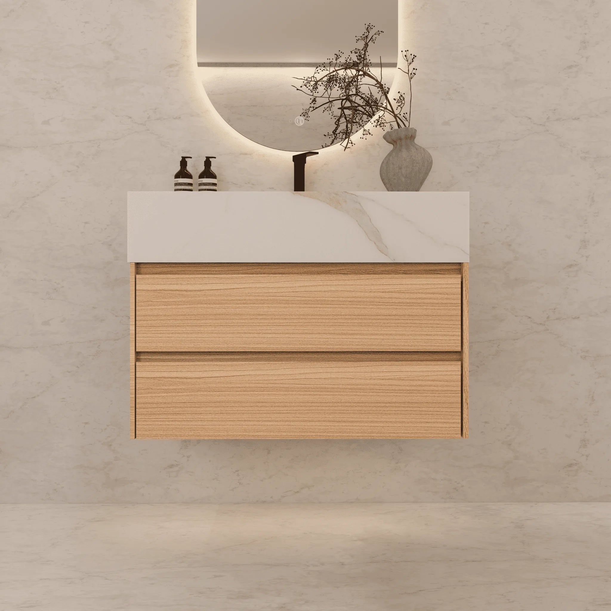 Aventino 32"–40" Nature Oak Floating Single-Sink Vanity with Sintered Stone Top