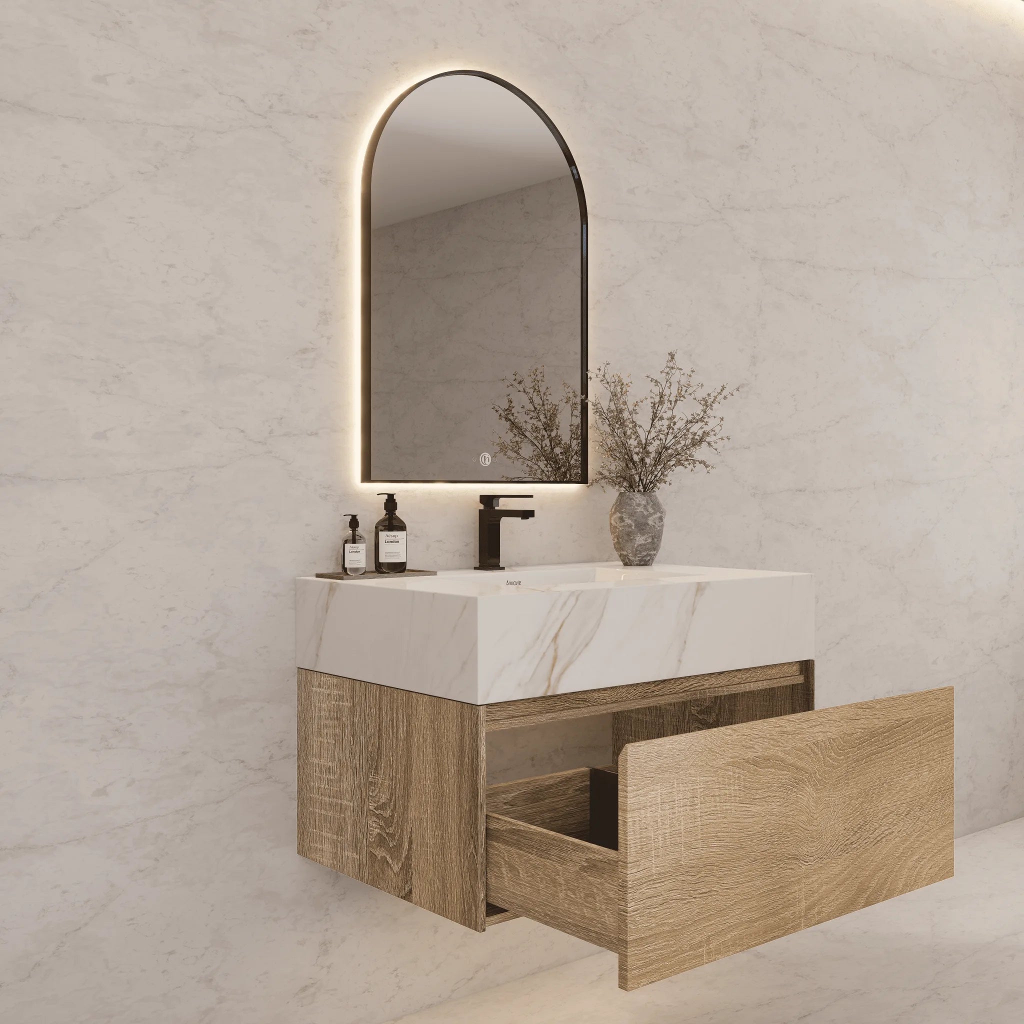 Aventino 40" Light Oak Floating Single-Sink Vanity with Sintered Stone Top