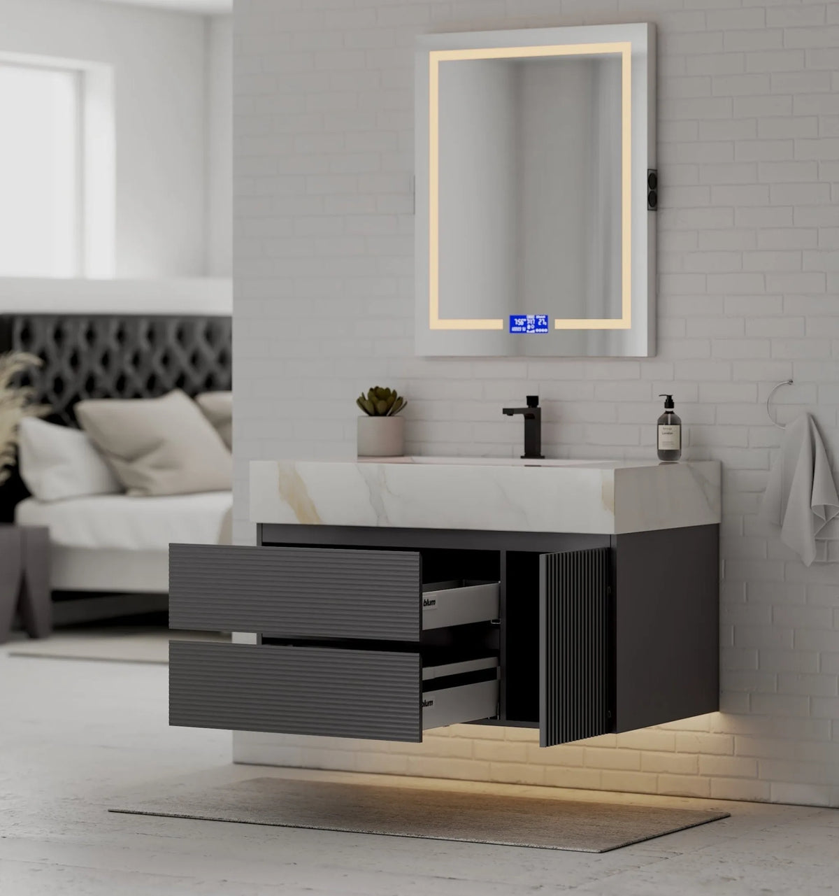 Aventino 40-inch Calacatta Gold fluted floating single-sink vanity — sintered stone top
