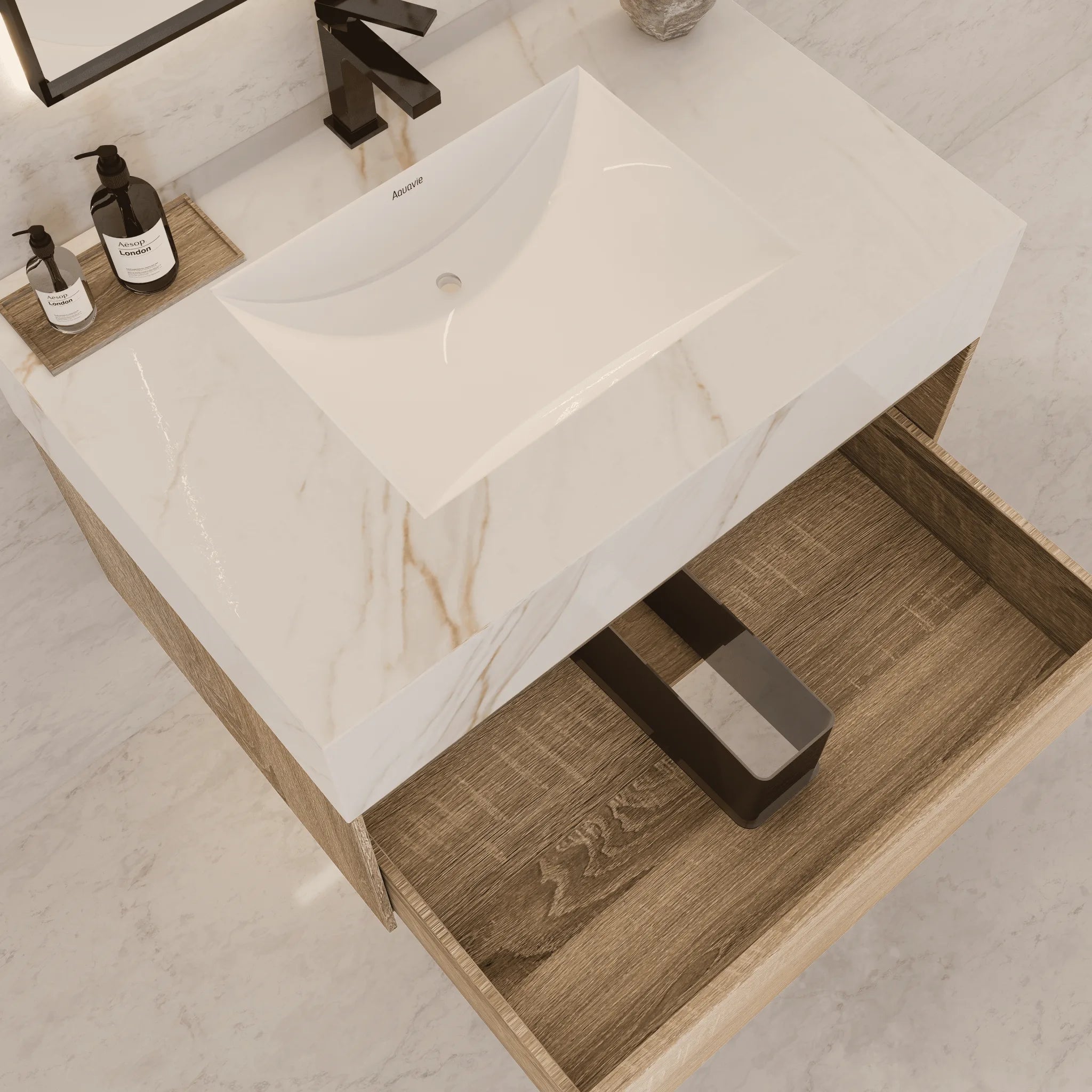 Aventino 40" Light Oak Floating Single-Sink Vanity with Sintered Stone Top