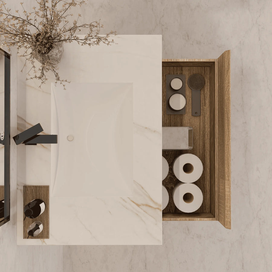 Aventino 40" Light Oak Floating Single-Sink Vanity with Sintered Stone Top