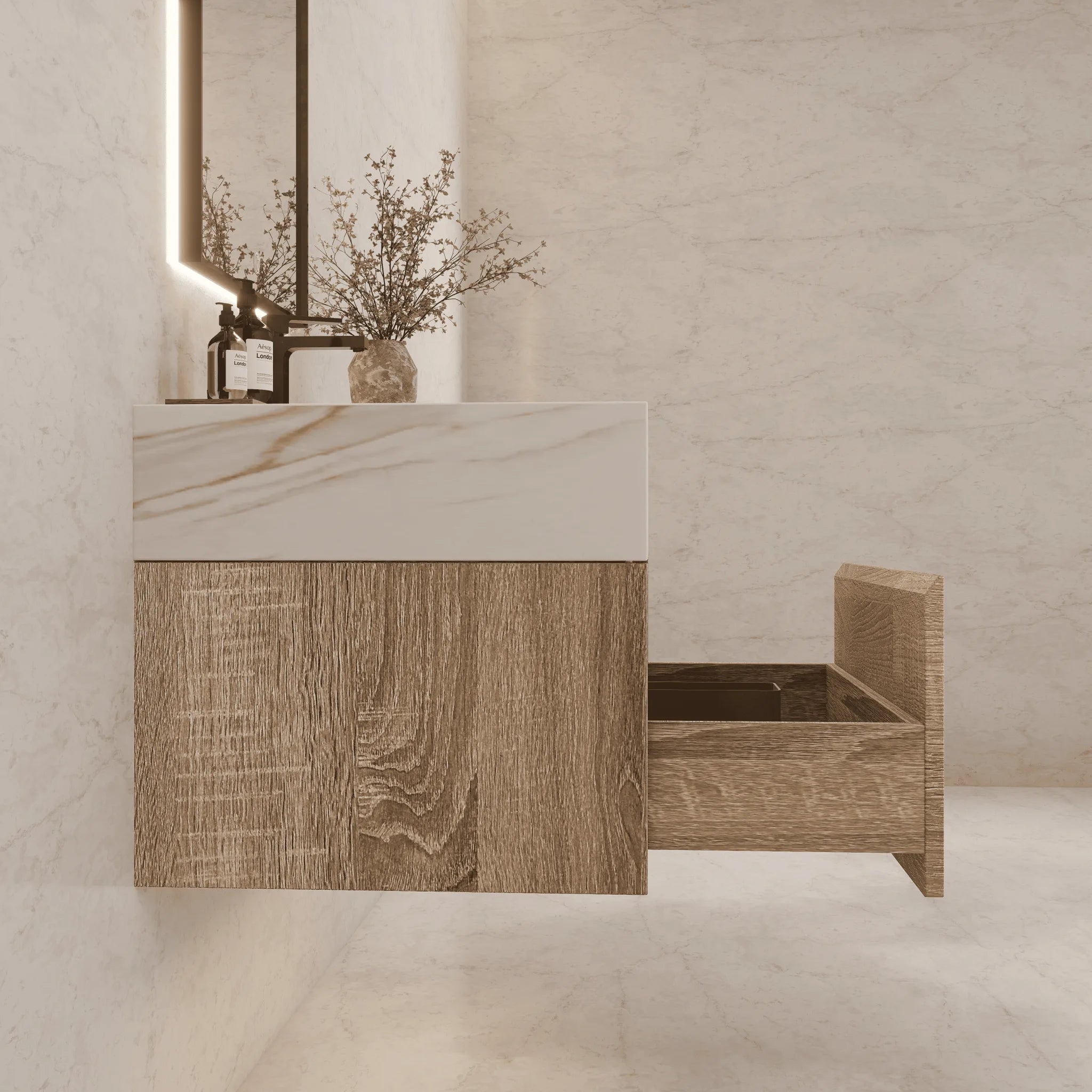 Aventino 40" Light Oak Floating Single-Sink Vanity with Sintered Stone Top